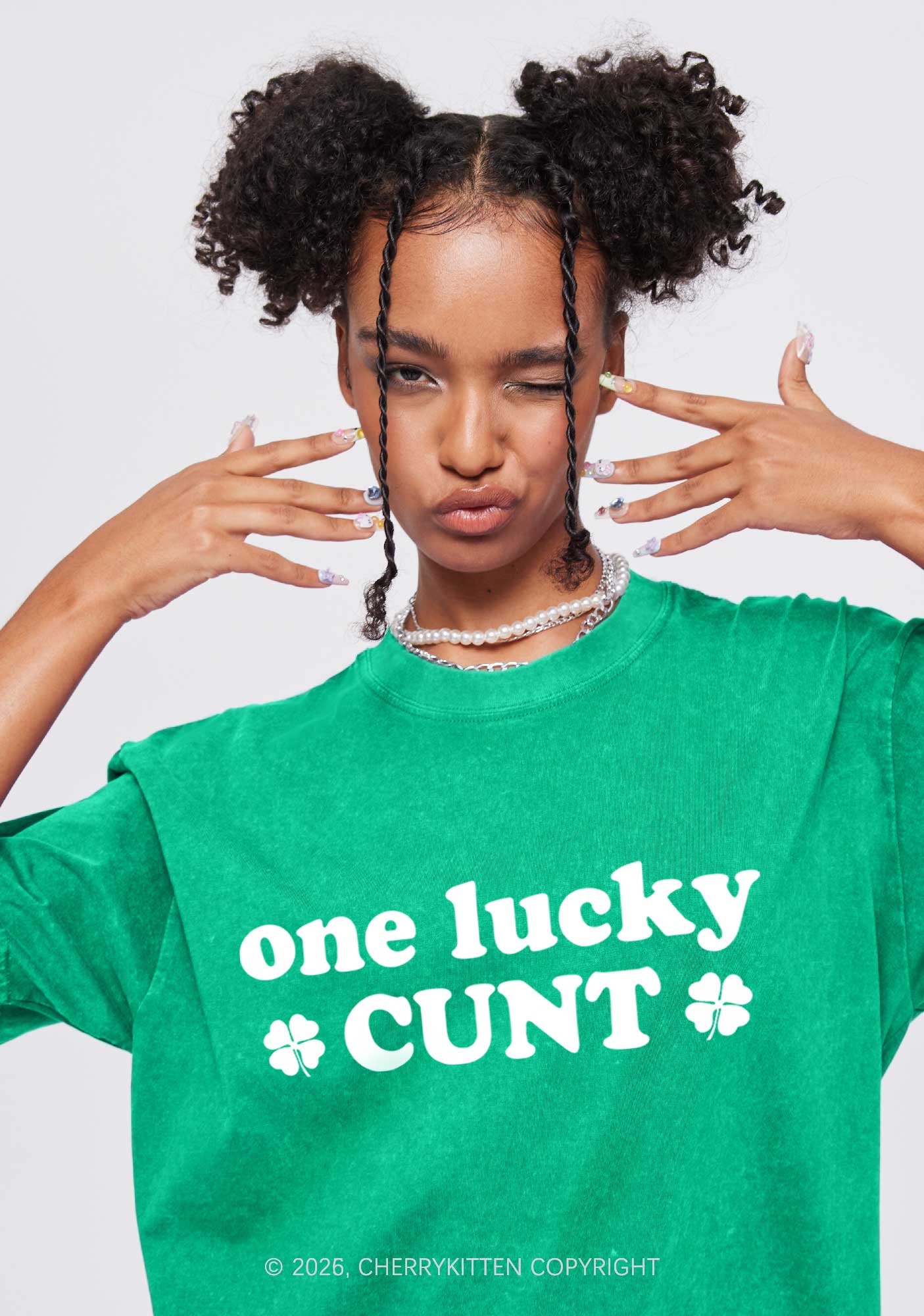 One Lucky Cxxt St Patricks Y2K Washed Tee Cherrykitten - Image 2