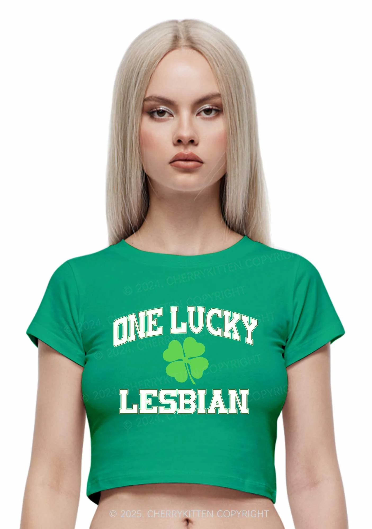 One Lucky Lesbian St Patricks Y2K Baby Tee Cherrykitten - Image 2
