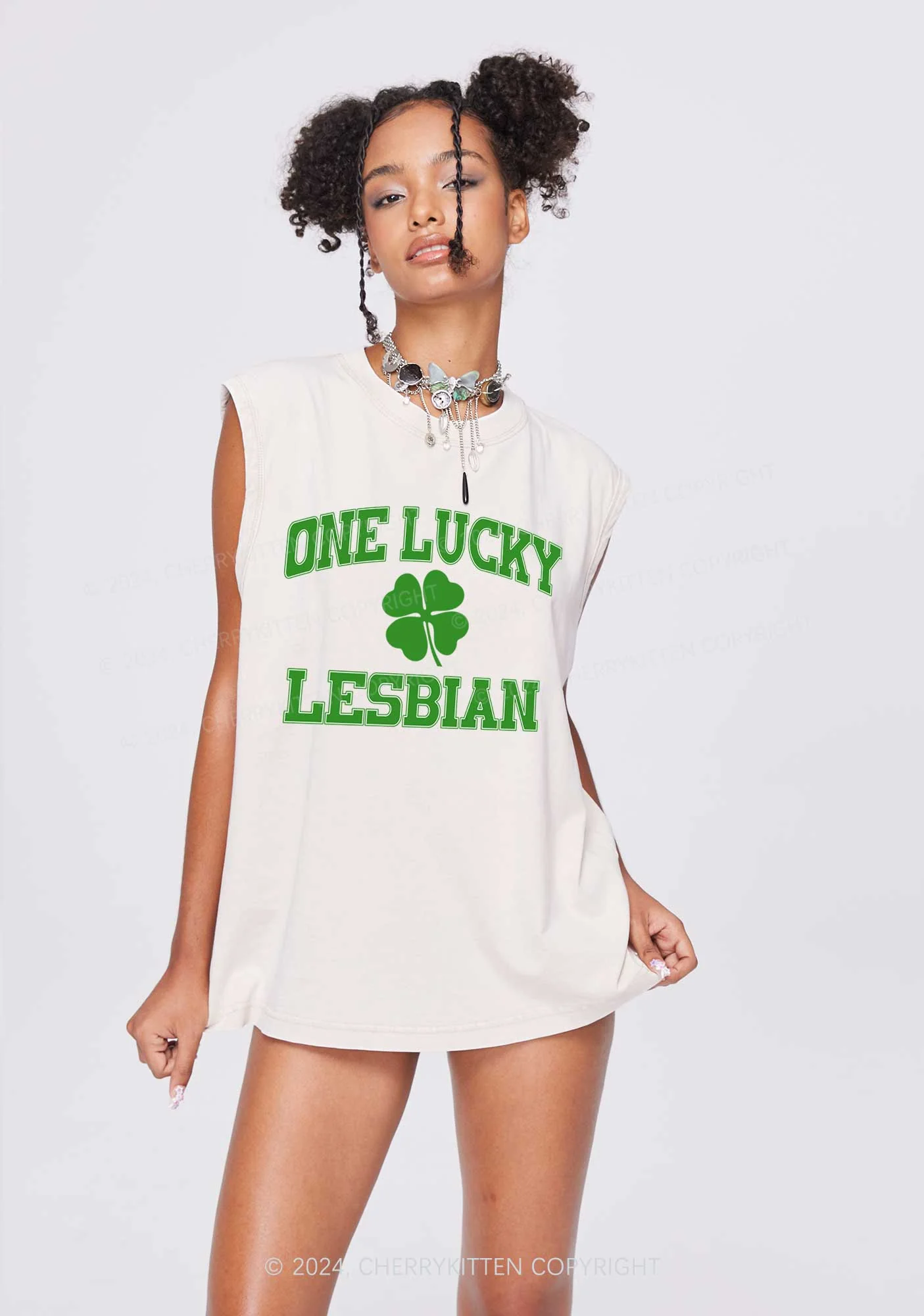 One Lucky Lesbian St Patricks Y2K Washed Tank Cherrykitten - Image 2