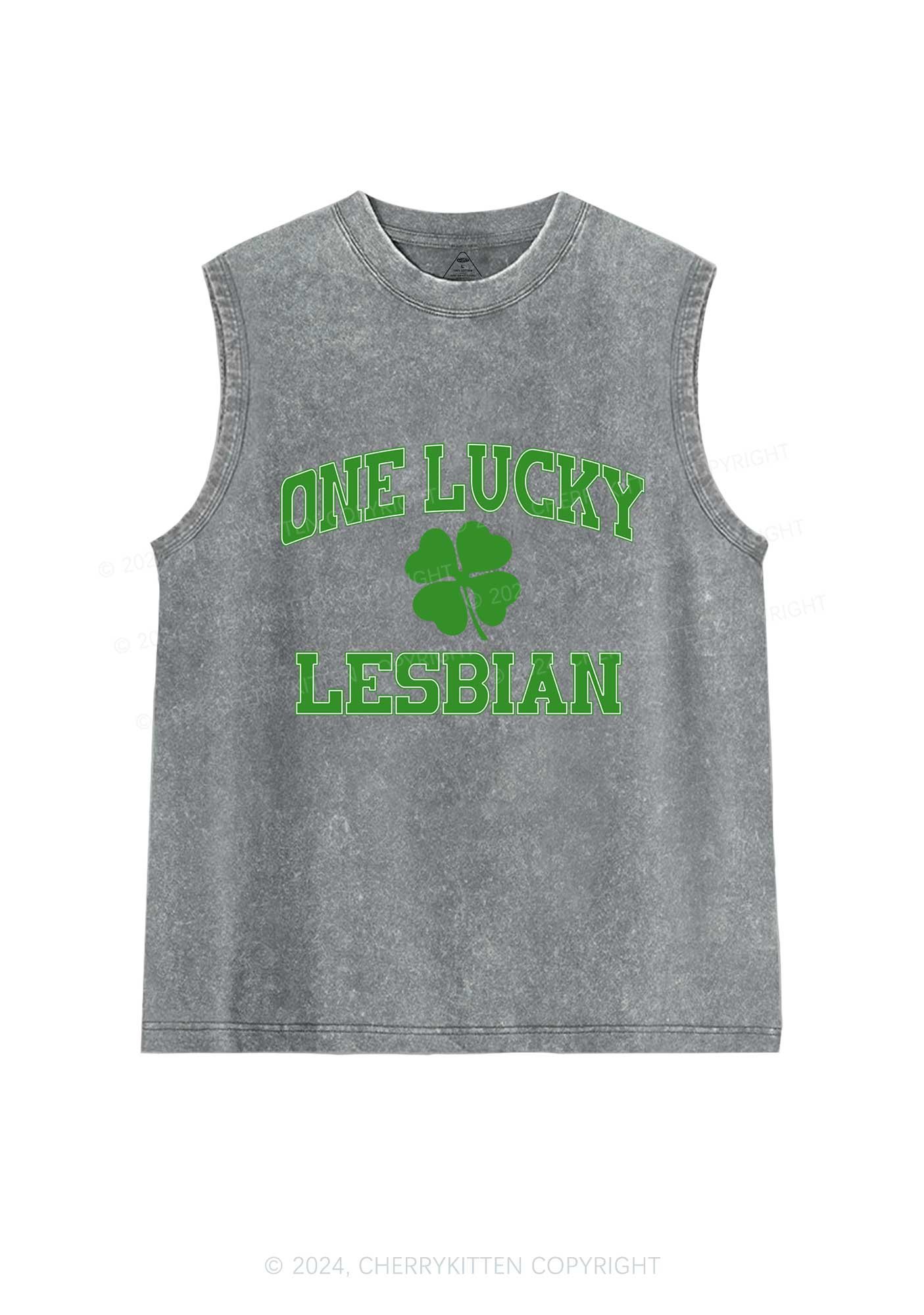 One Lucky Lesbian St Patricks Y2K Washed Tank Cherrykitten - Image 5