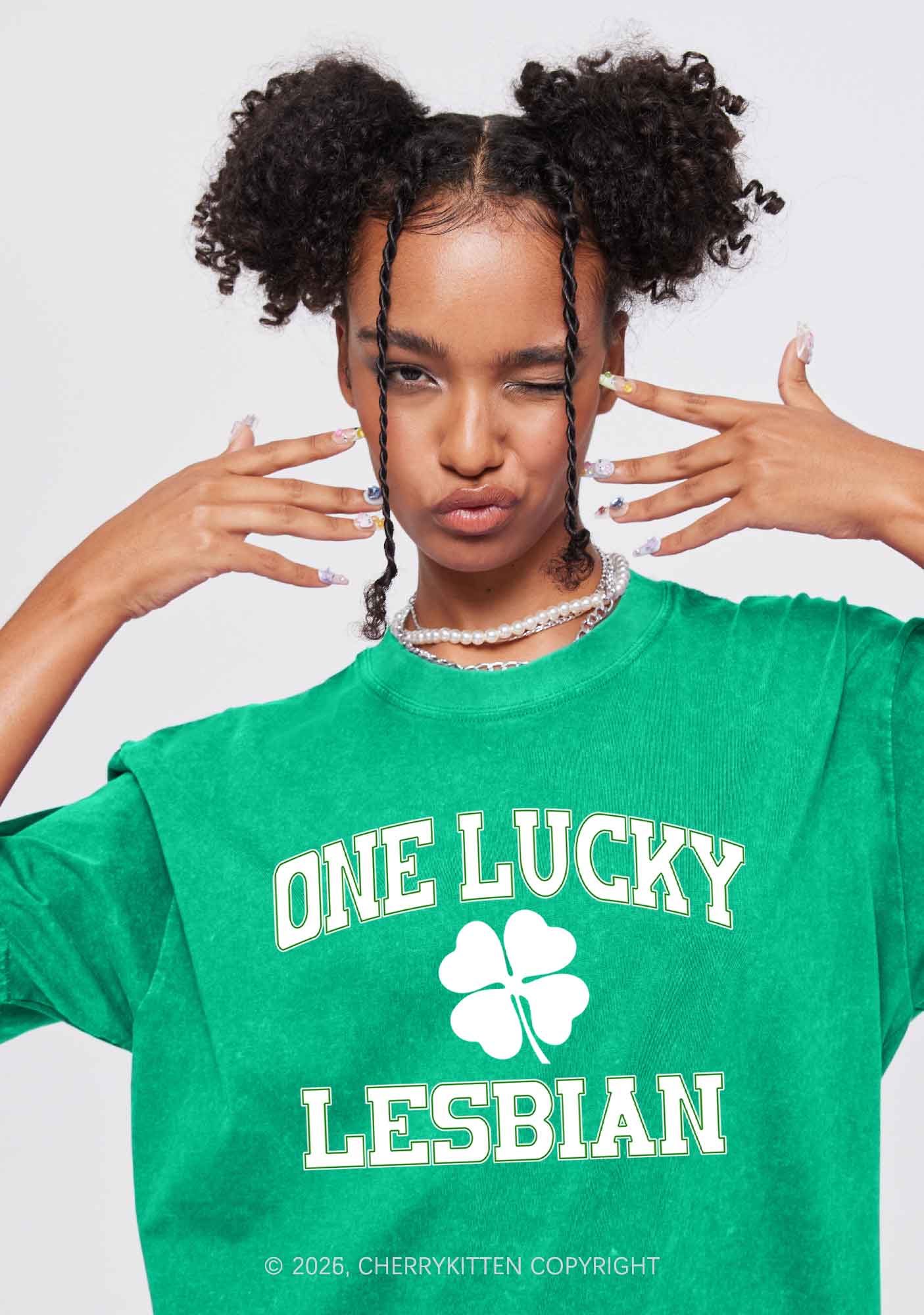 One Lucky Lesbian St Patricks Y2K Washed Tee Cherrykitten - Image 2