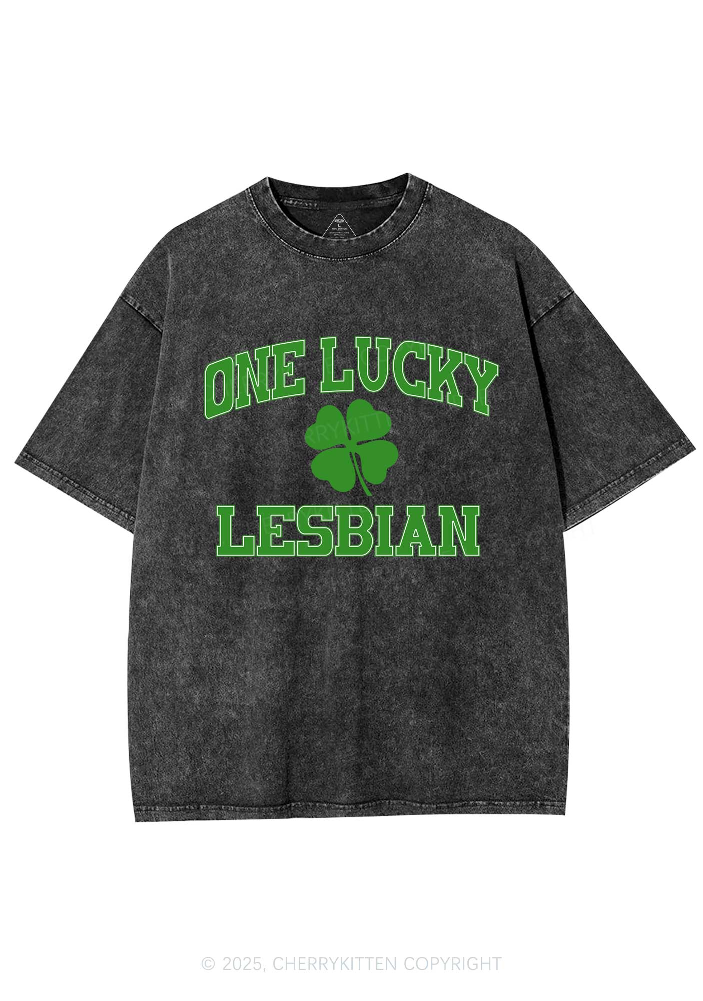 One Lucky Lesbian St Patricks Y2K Washed Tee Cherrykitten - Image 4
