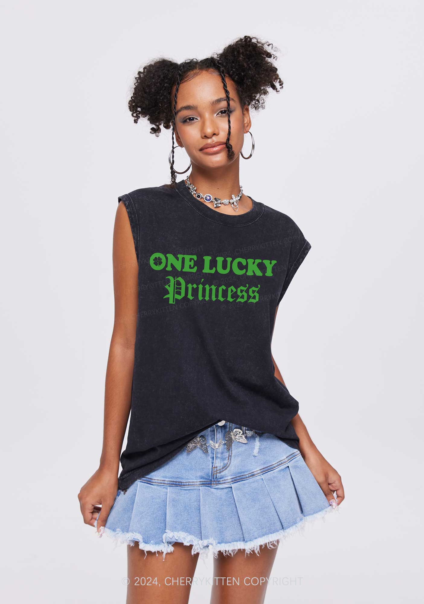 One Lucky Princess St Patricks Y2K Washed Tank Cherrykitten - Image 2