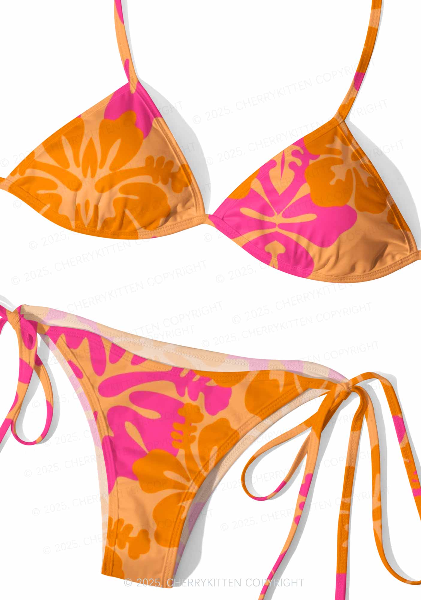 Orange Pink Floral Y2K Print Bikini Set Cherrykitten - Image 3