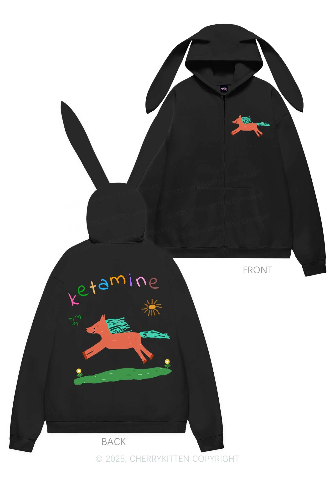Orange Pony Y2K Bunny Ear Zip Hoodie Cherrykitten - Image 4