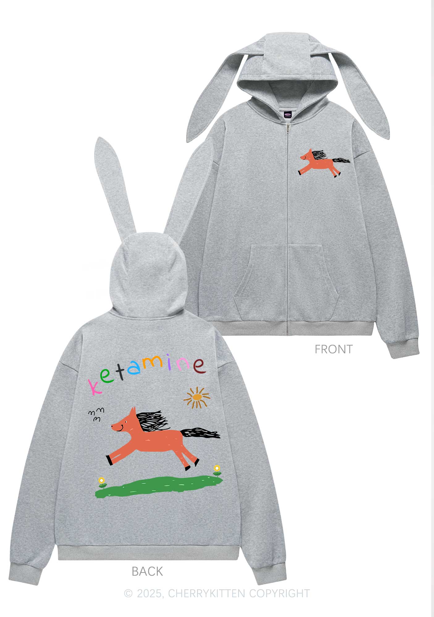 Orange Pony Y2K Bunny Ear Zip Hoodie Cherrykitten - Image 5