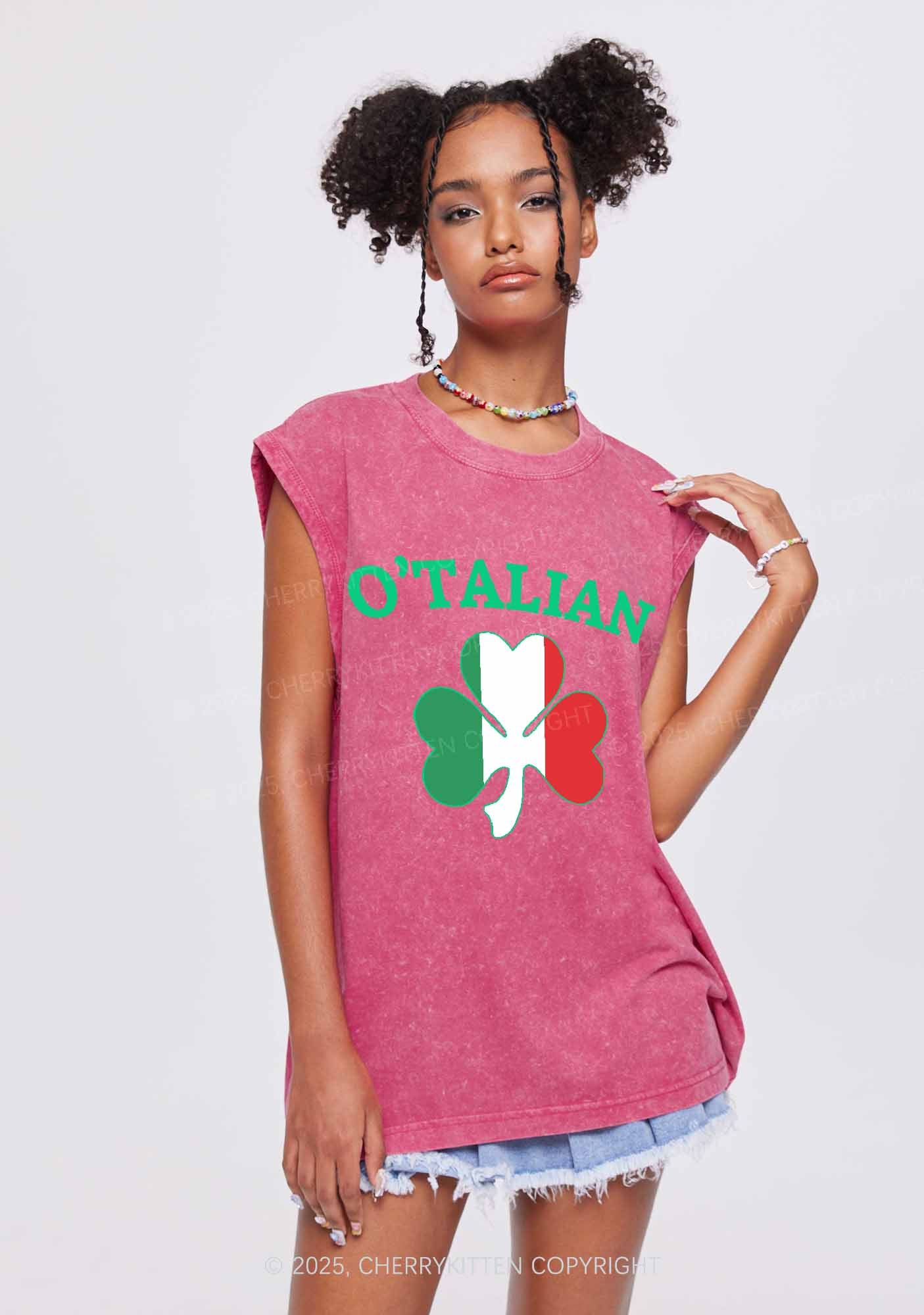 OTalian Shamrock St Patricks Y2K Washed Tank Cherrykitten - Image 2