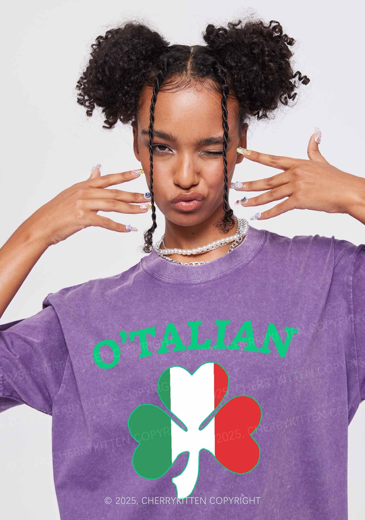 OTalian Shamrock St Patricks Y2K Washed Tee Cherrykitten - Image 2