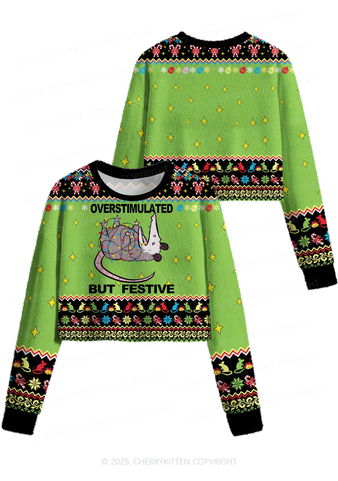 Overstimulated But Festive Y2K Christmas Crop Knit Sweatshirt Cherrykitten - Image 3