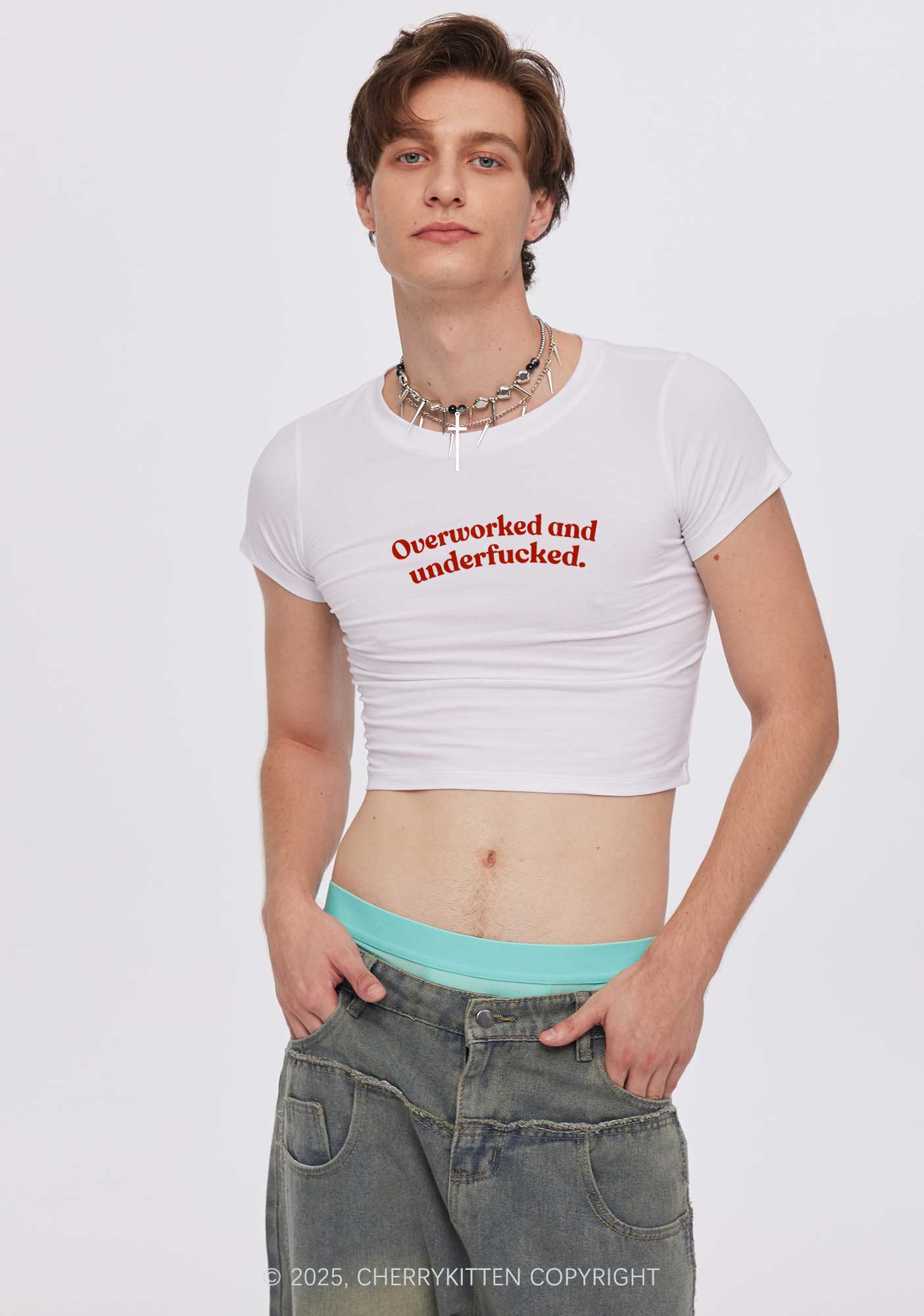 Overworked And Underfxcked Y2K Baby Tee Cherrykitten - Image 2
