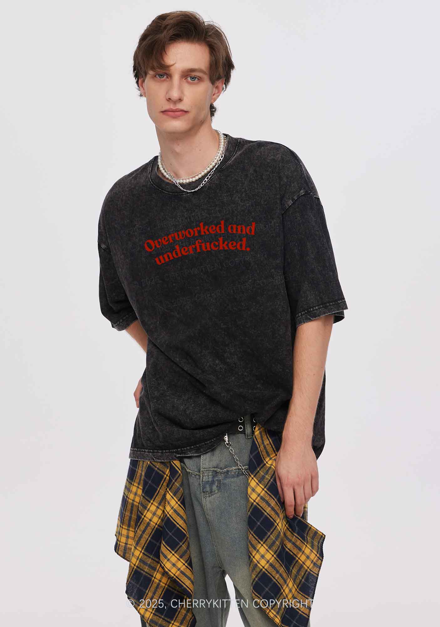 Overworked And Underfxcked Y2K Washed Tee Cherrykitten - Image 3