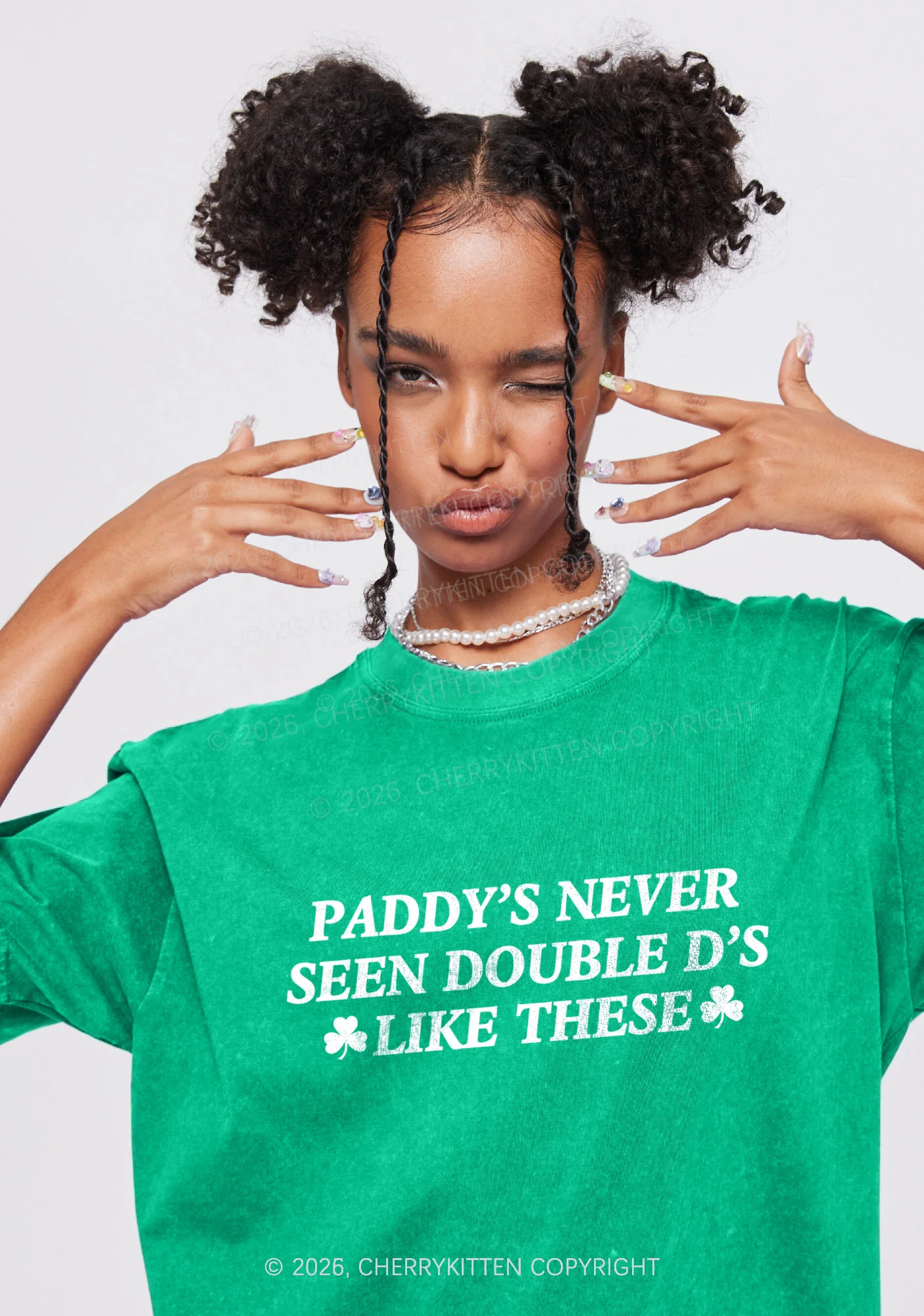 Paddys Never Seen Double D St Patricks Y2K Shirts Washed Tee Cherrykitten - Image 2
