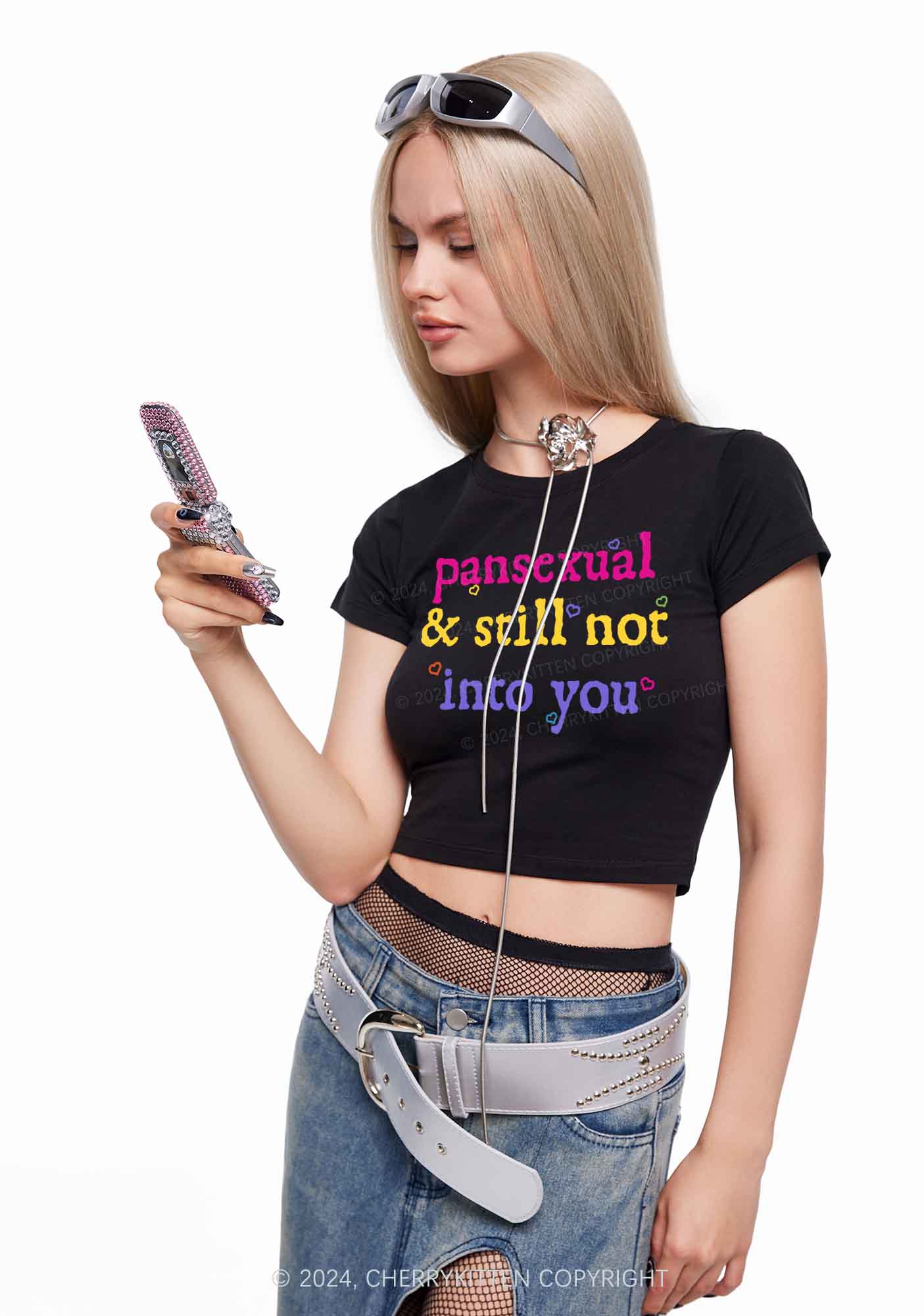 Pansexual Not Into You Y2K Baby Tee Cherrykitten - Image 2