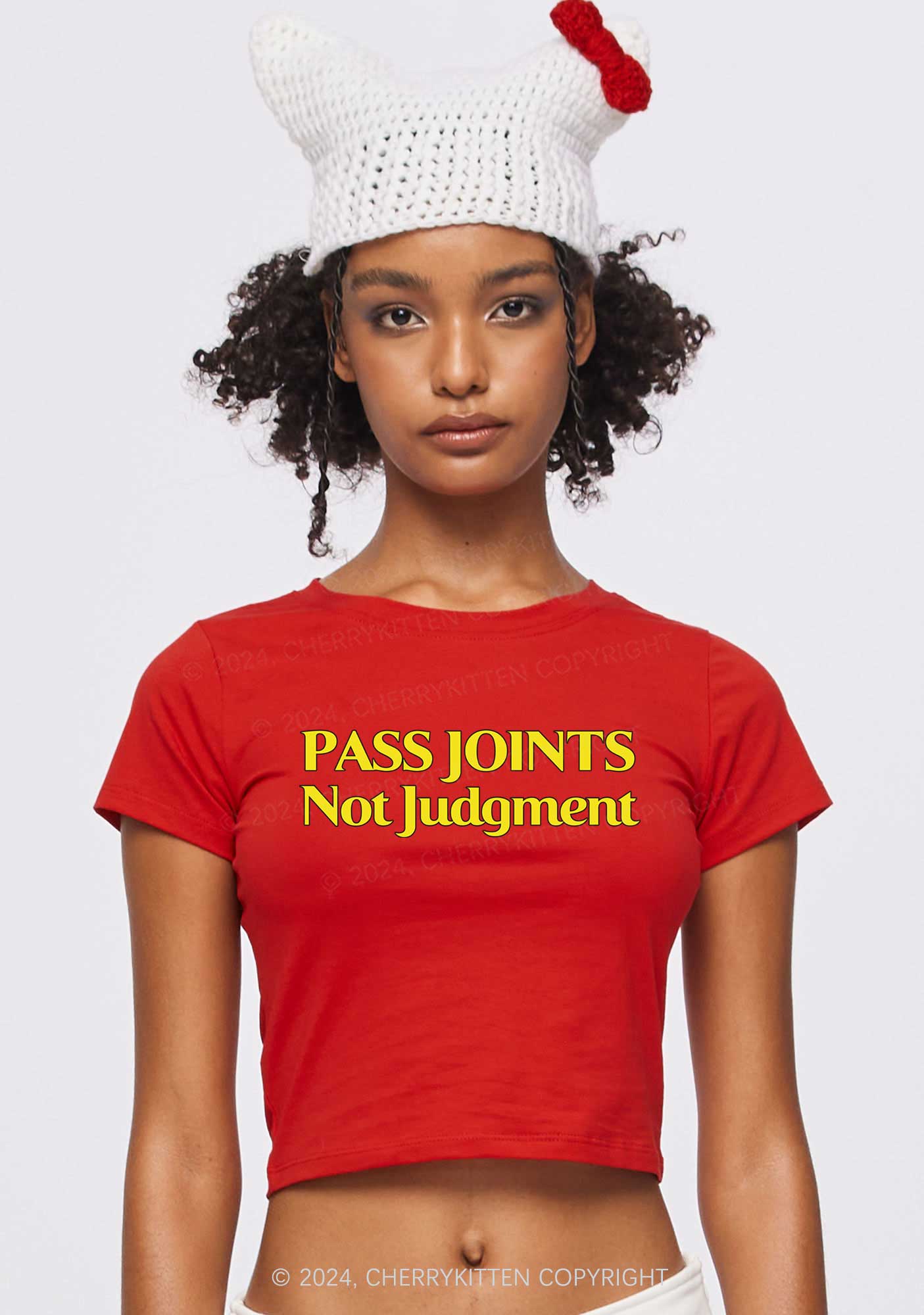 Pass Joints Not Judgment Y2K Baby Tee Cherrykitten - Image 3