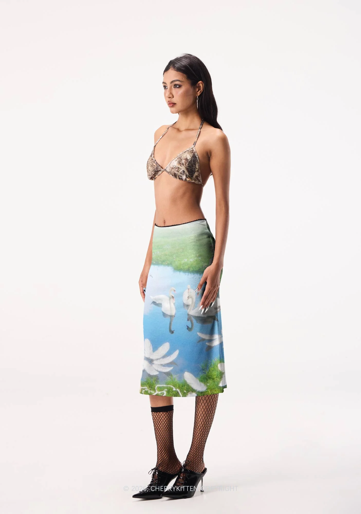 Pastoral Swan Y2K Print Midi Skirt Cherrykitten - Image 2