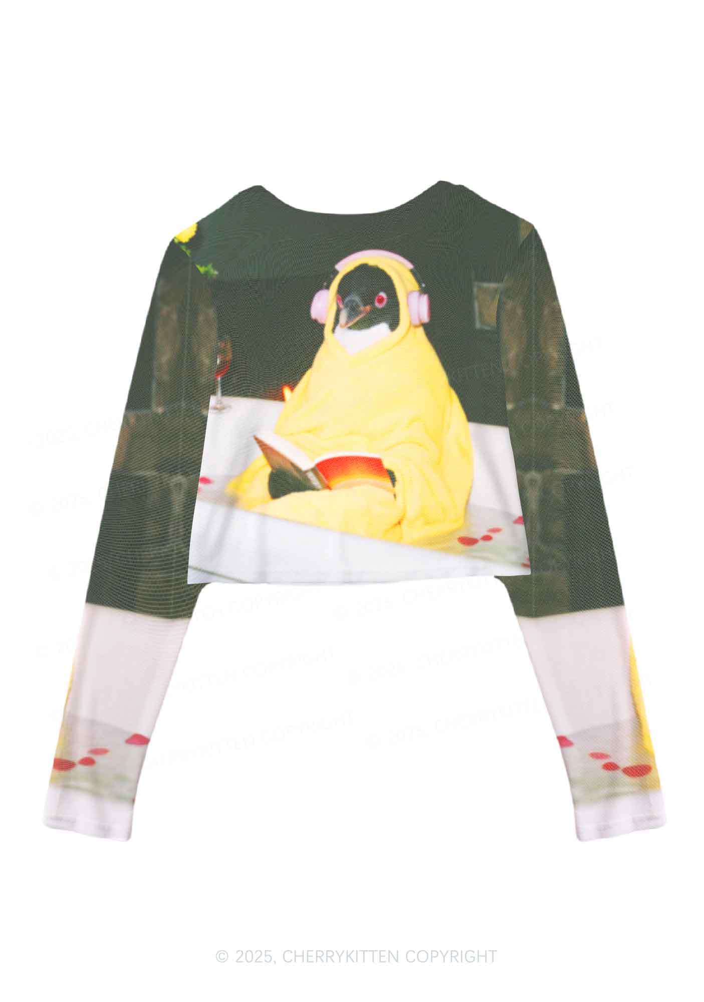 Penguin Bathing Y2K Mesh Long Sleeve Crop Top Cherrykitten - Image 2