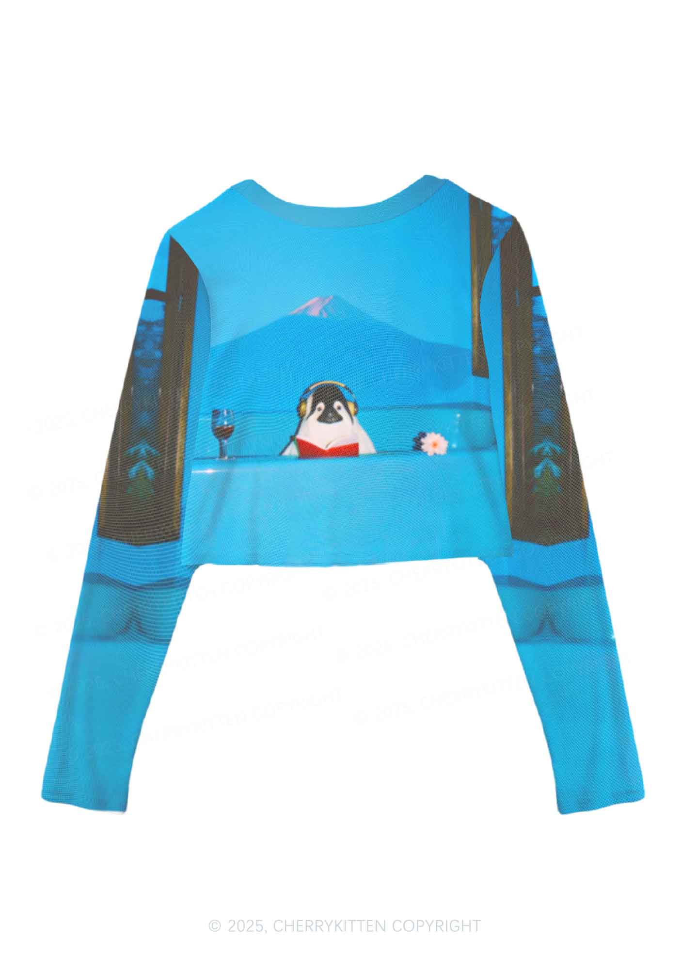 Penguin Reading Book Y2K Mesh Long Sleeve Crop Top Cherrykitten - Image 2