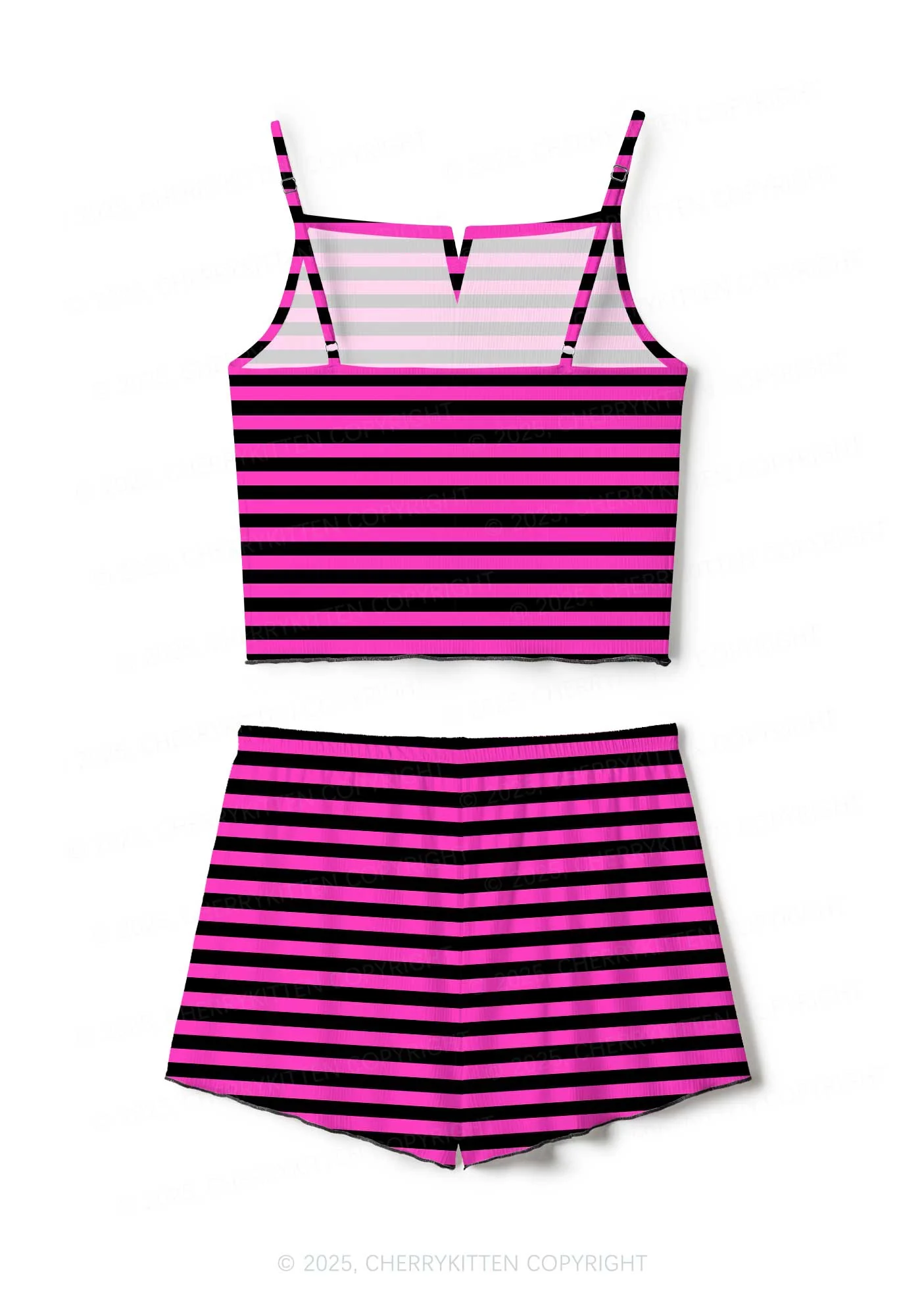 Pink And Black Stripe Valentine's Day Y2K Print Cami Shorts Pajama Set Cherrykitten - Image 2