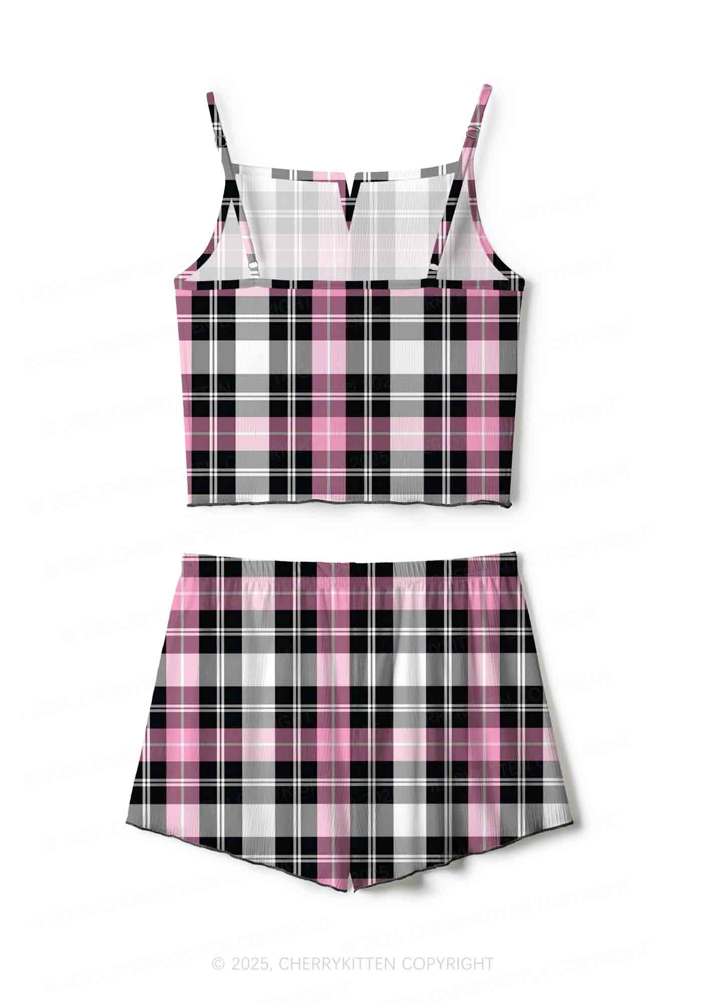 Pink And White Plaid Y2K Print Cami Shorts Pajama Set Cherrykitten - Image 3