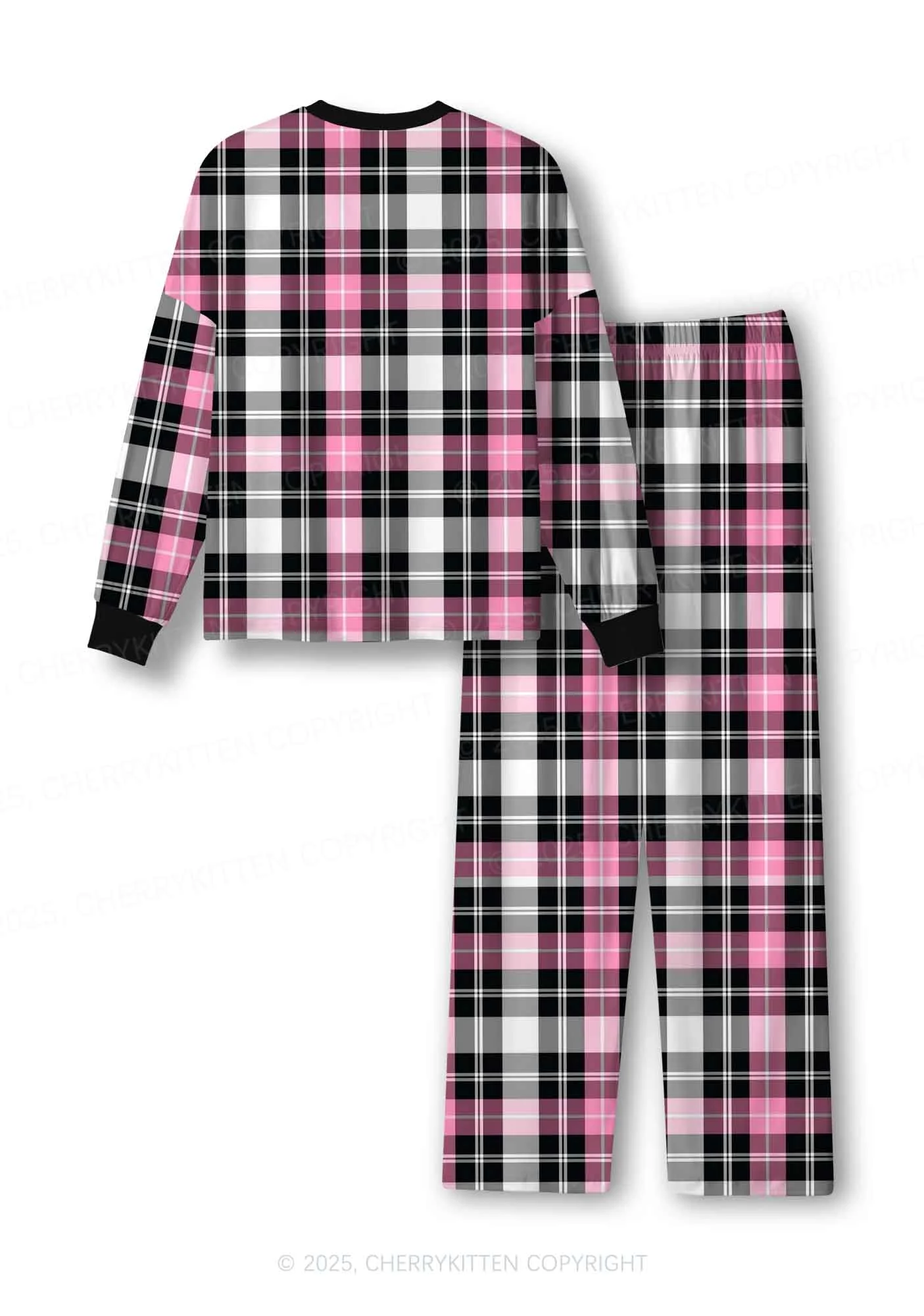 Pink And White Plaid Y2K Print Long Sleeve Pajama Set Cherrykitten - Image 3