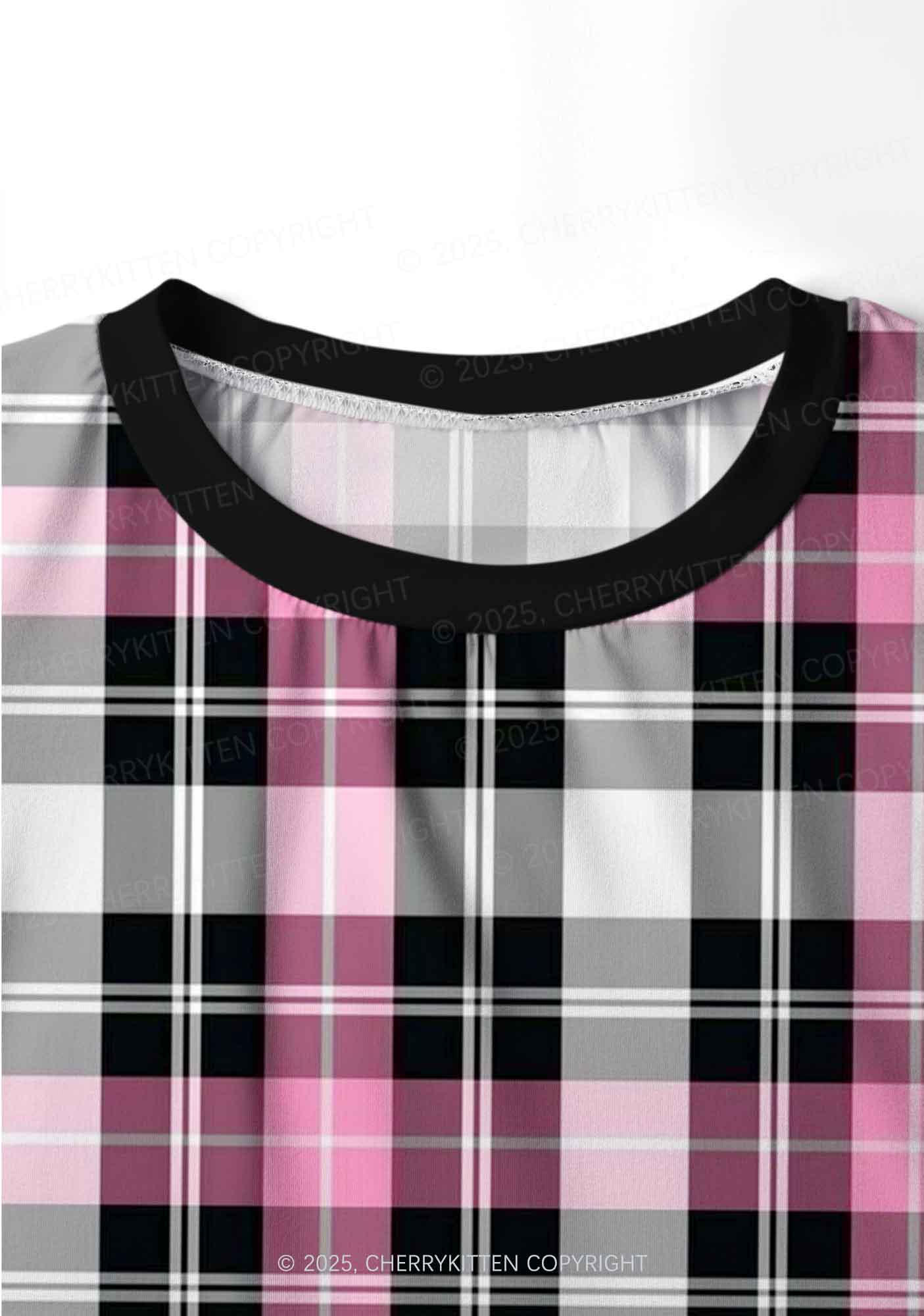 Pink And White Plaid Y2K Print Long Sleeve Pajama Set Cherrykitten - Image 5