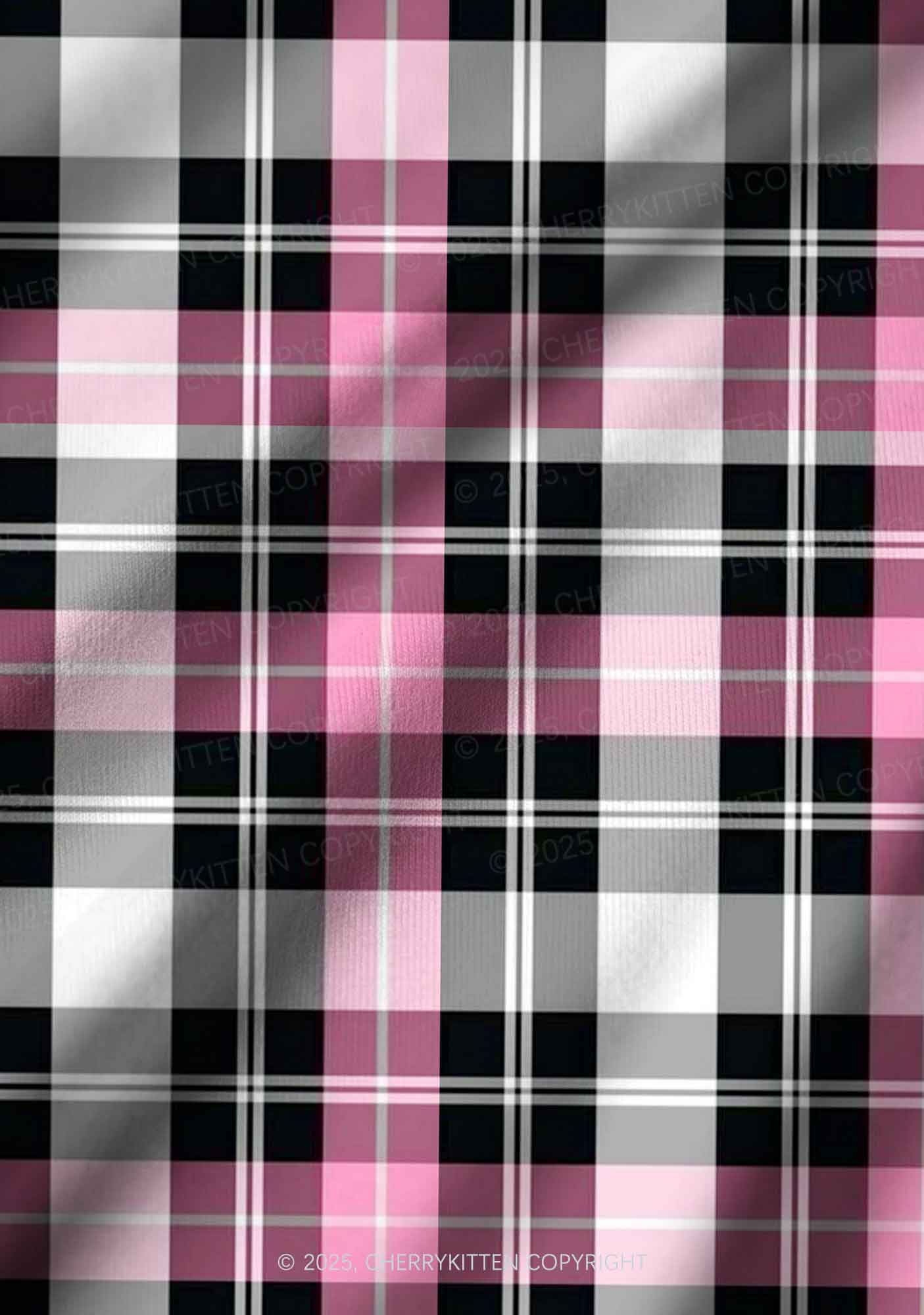 Pink And White Plaid Y2K Print Long Sleeve Pajama Set Cherrykitten - Image 6