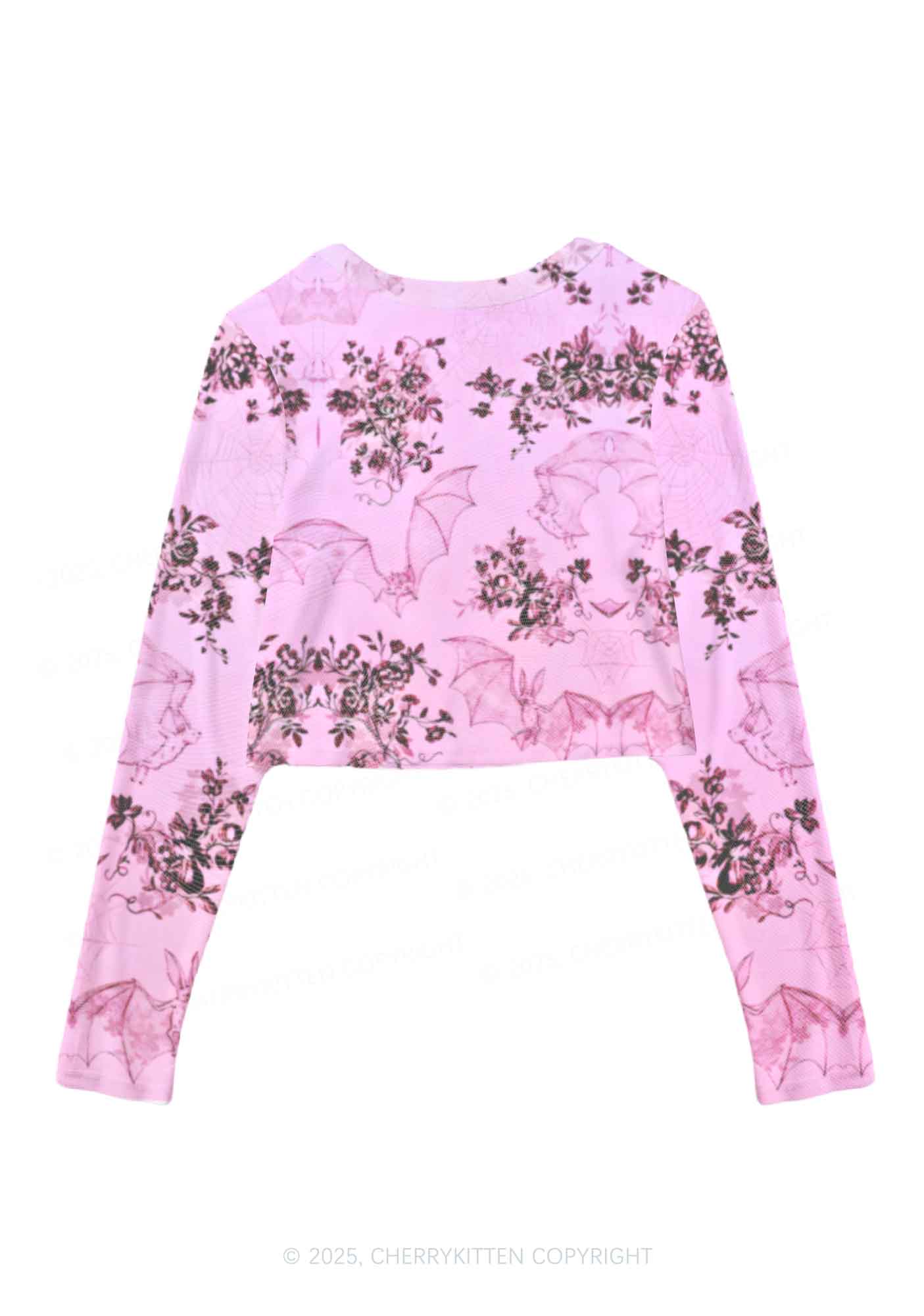 Pink Bat Y2K Mesh Long Sleeve Crop Top Cherrykitten - Image 2
