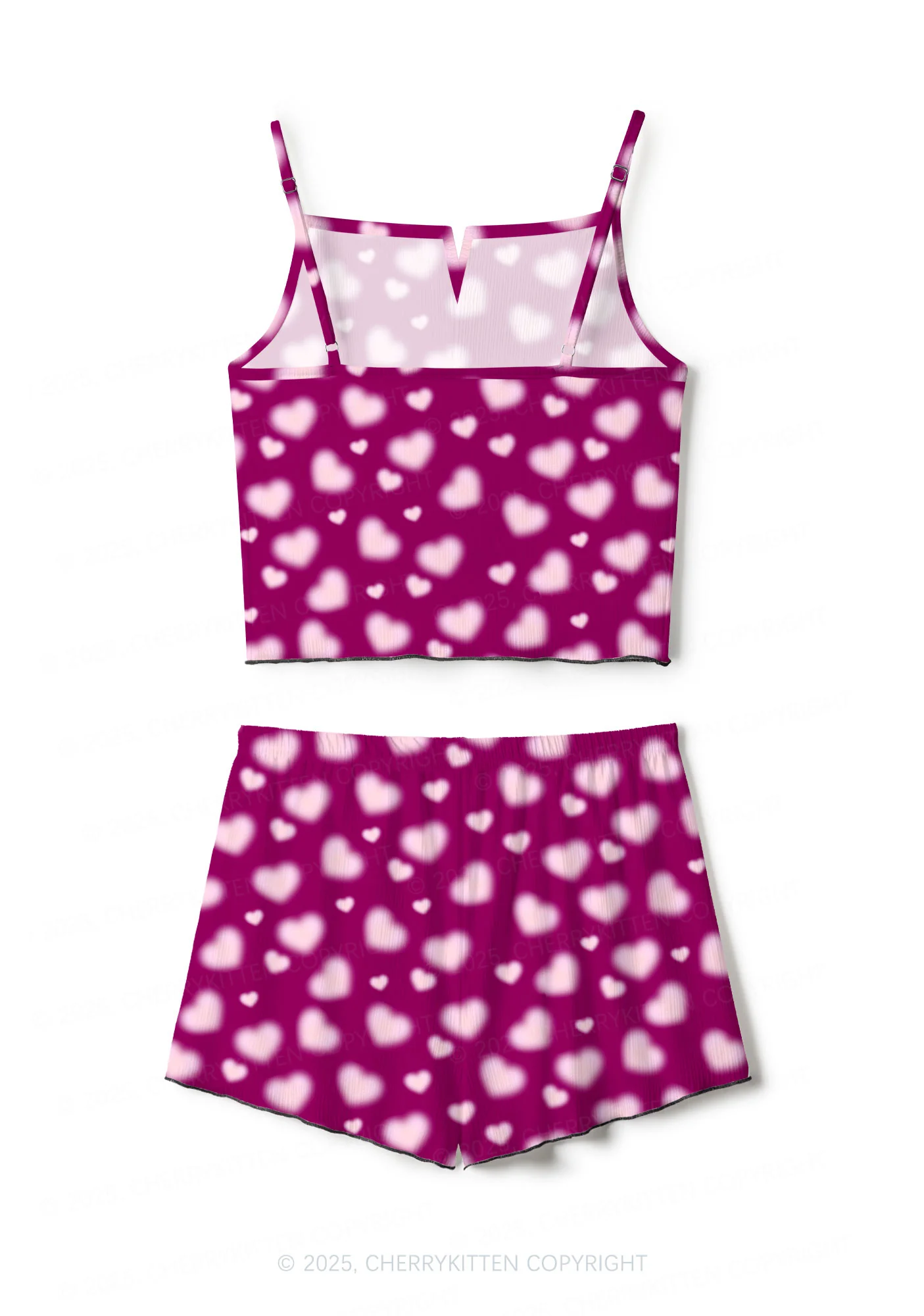 Pink Blurred Heart Valentine's Day Y2K Print Cami Shorts Pajama Set Cherrykitten - Image 3