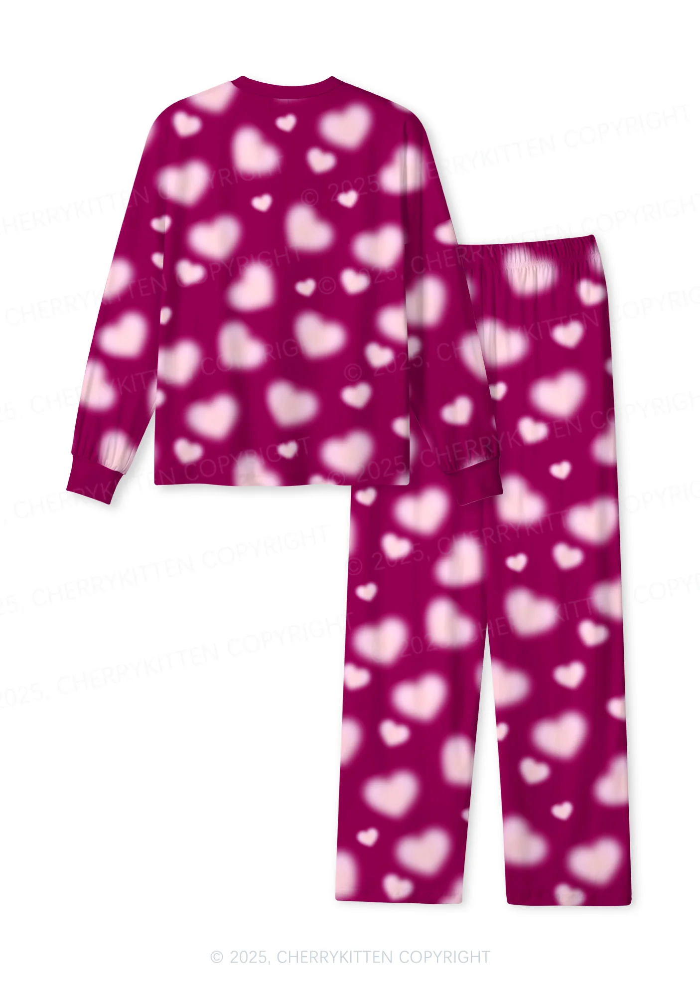 Pink Blurred Heart Valentine's Day Y2K Print Long Sleeve Pajama Set Cherrykitten - Image 3