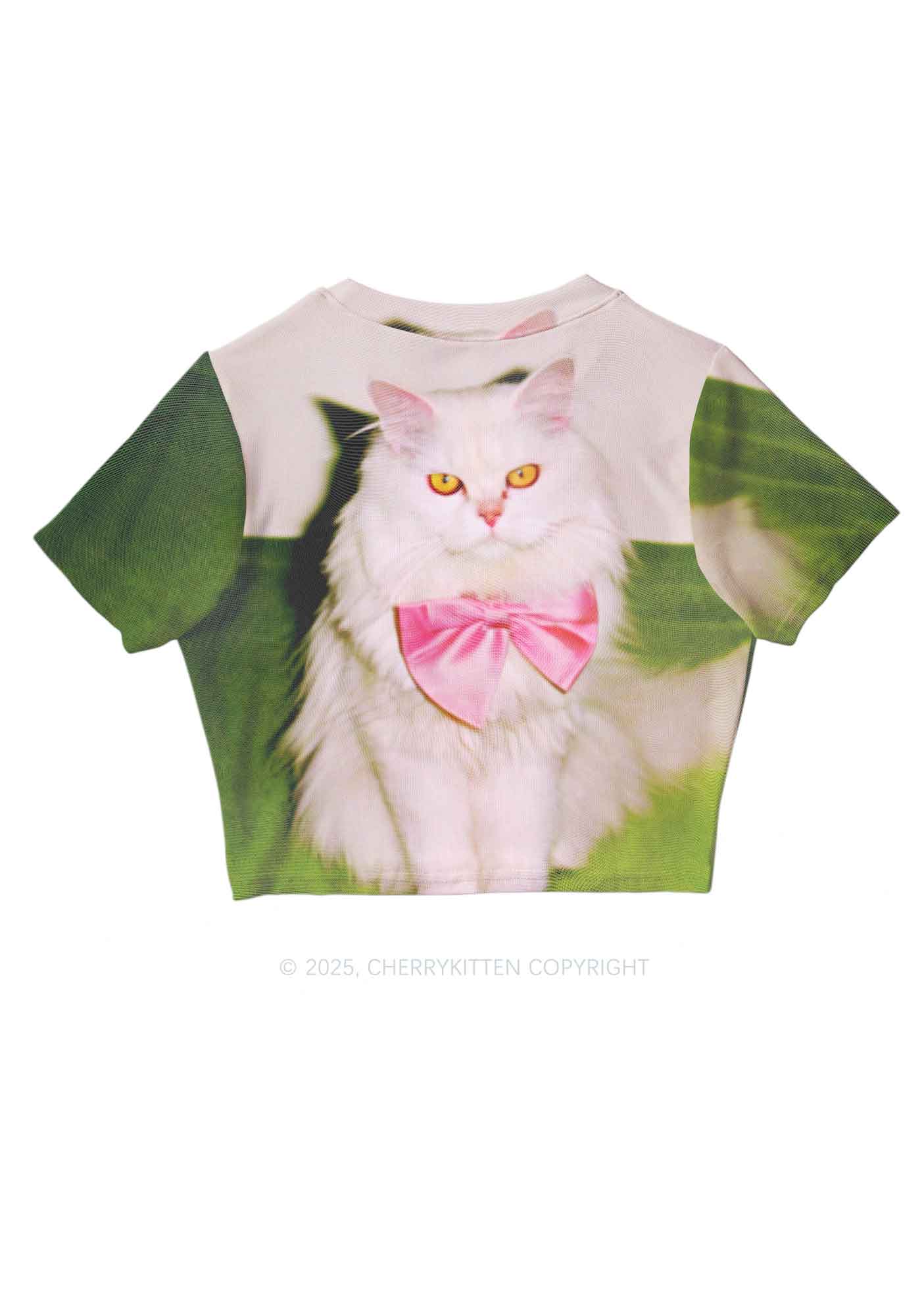 Pink Bow Cat Y2K Mesh Crop Top Cherrykitten - Image 3