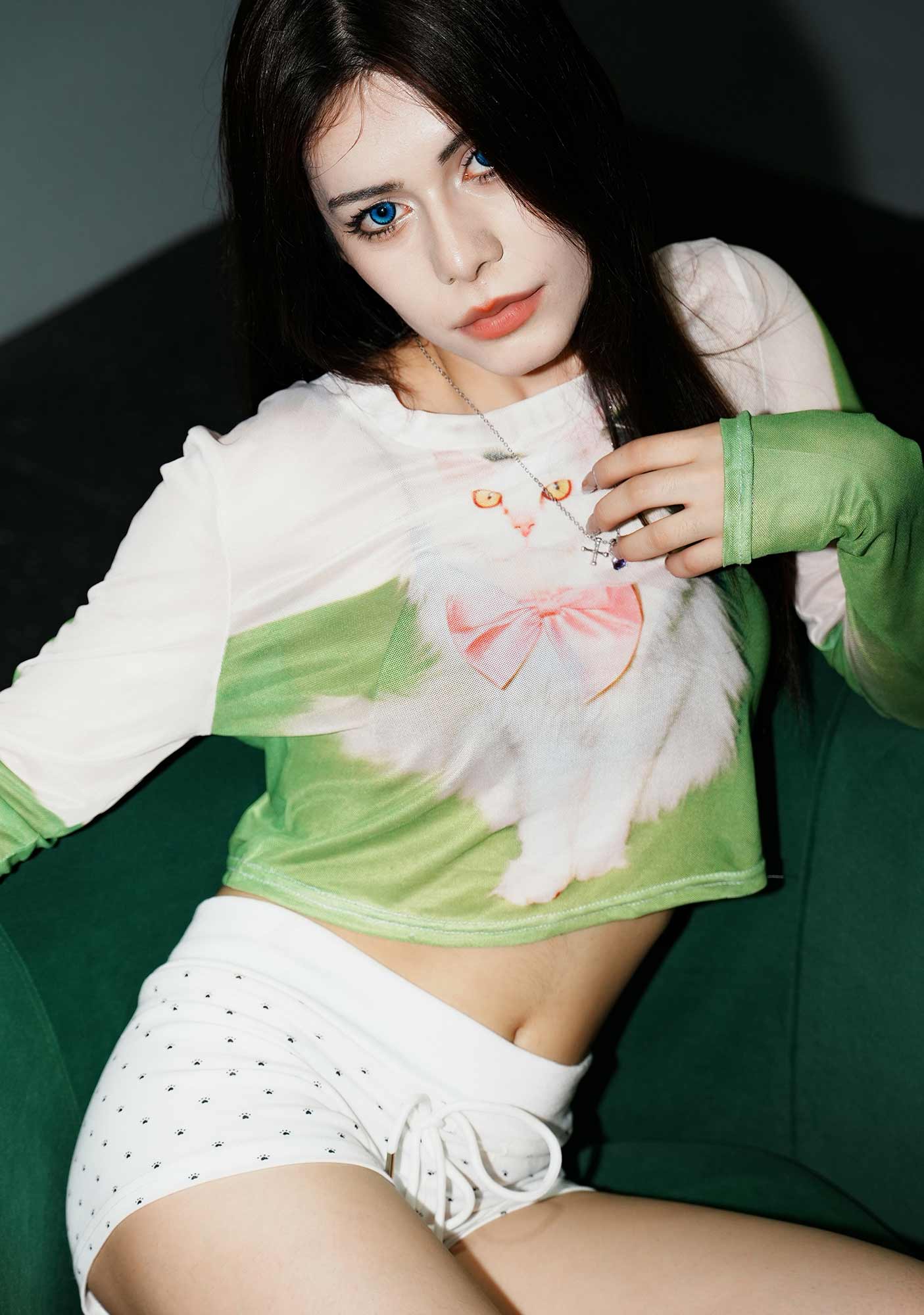 Pink Bow Cat Y2K Mesh Long Sleeve Crop Top Cherrykitten - Image 2
