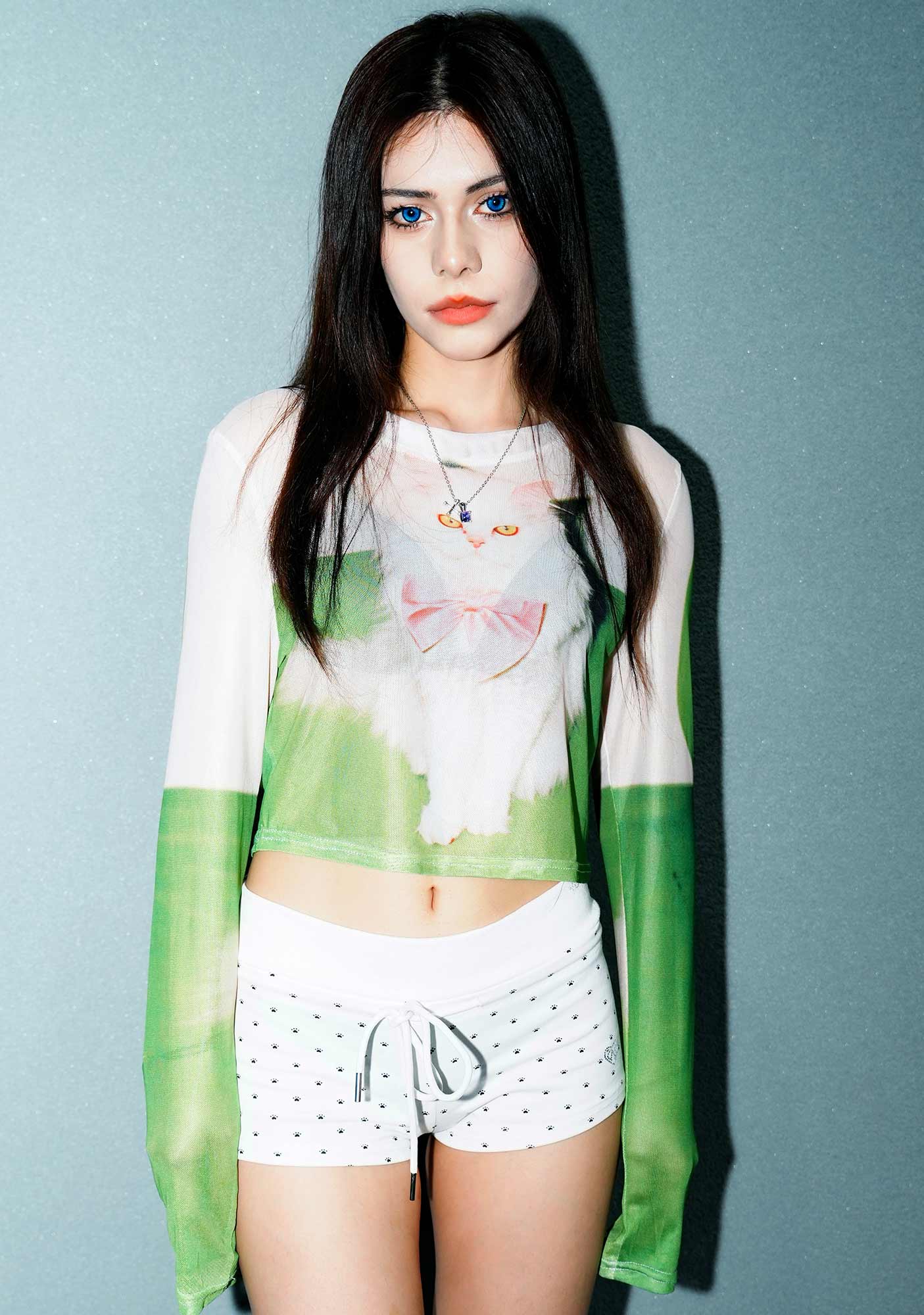 Pink Bow Cat Y2K Mesh Long Sleeve Crop Top Cherrykitten - Image 3