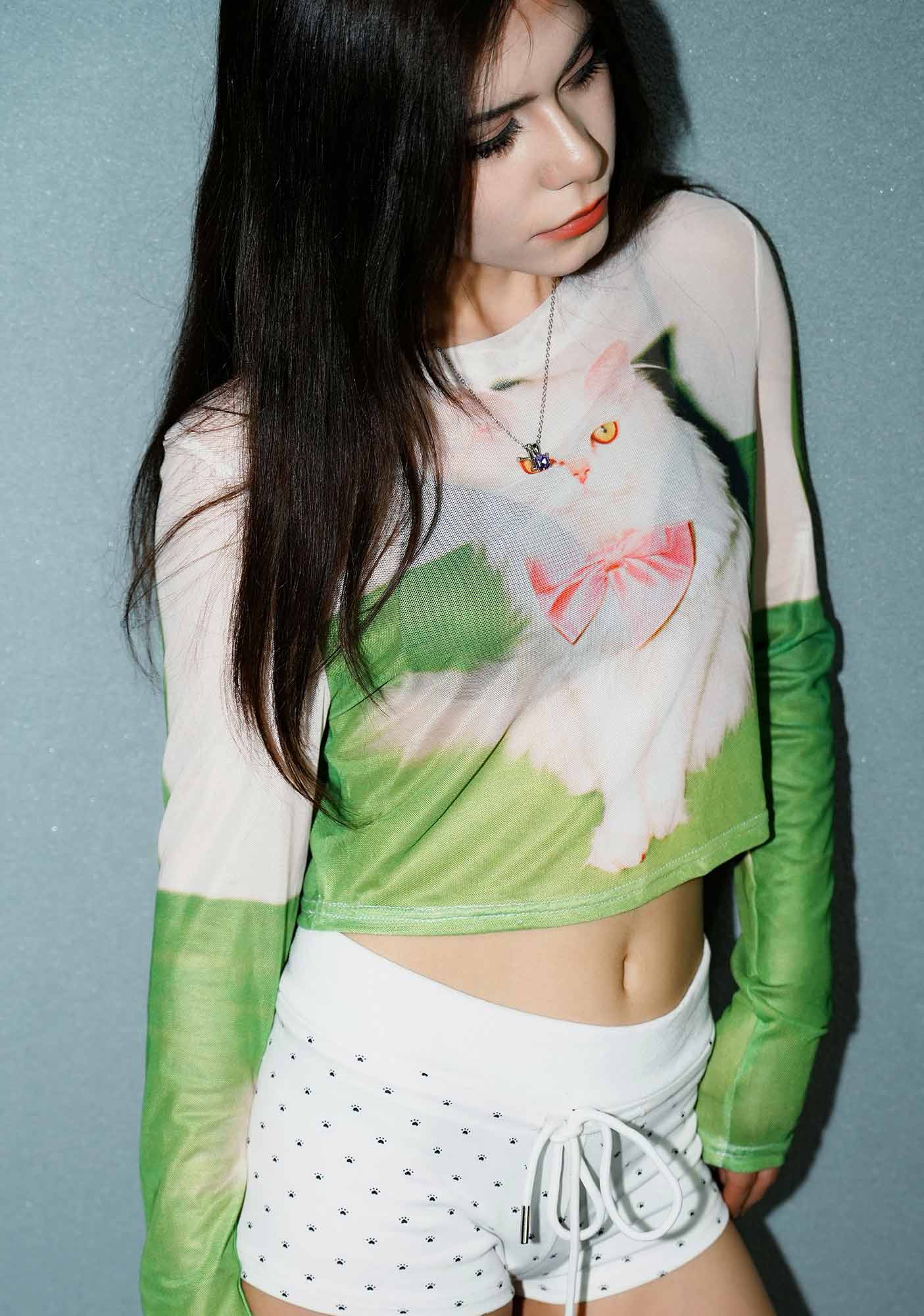 Pink Bow Cat Y2K Mesh Long Sleeve Crop Top Cherrykitten - Image 4