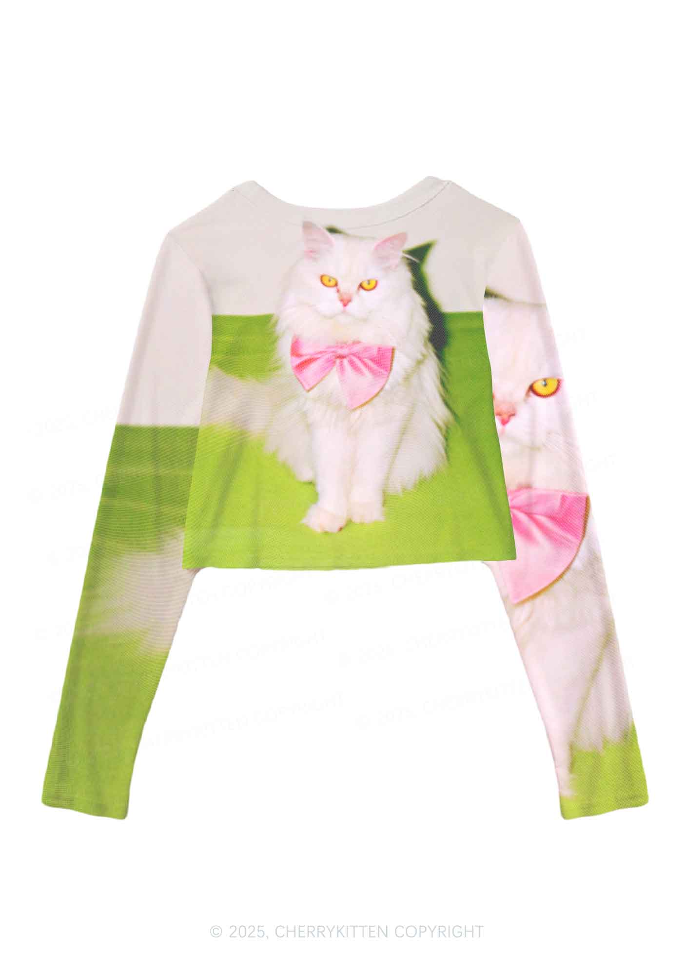 Pink Bow Cat Y2K Mesh Long Sleeve Crop Top Cherrykitten - Image 6