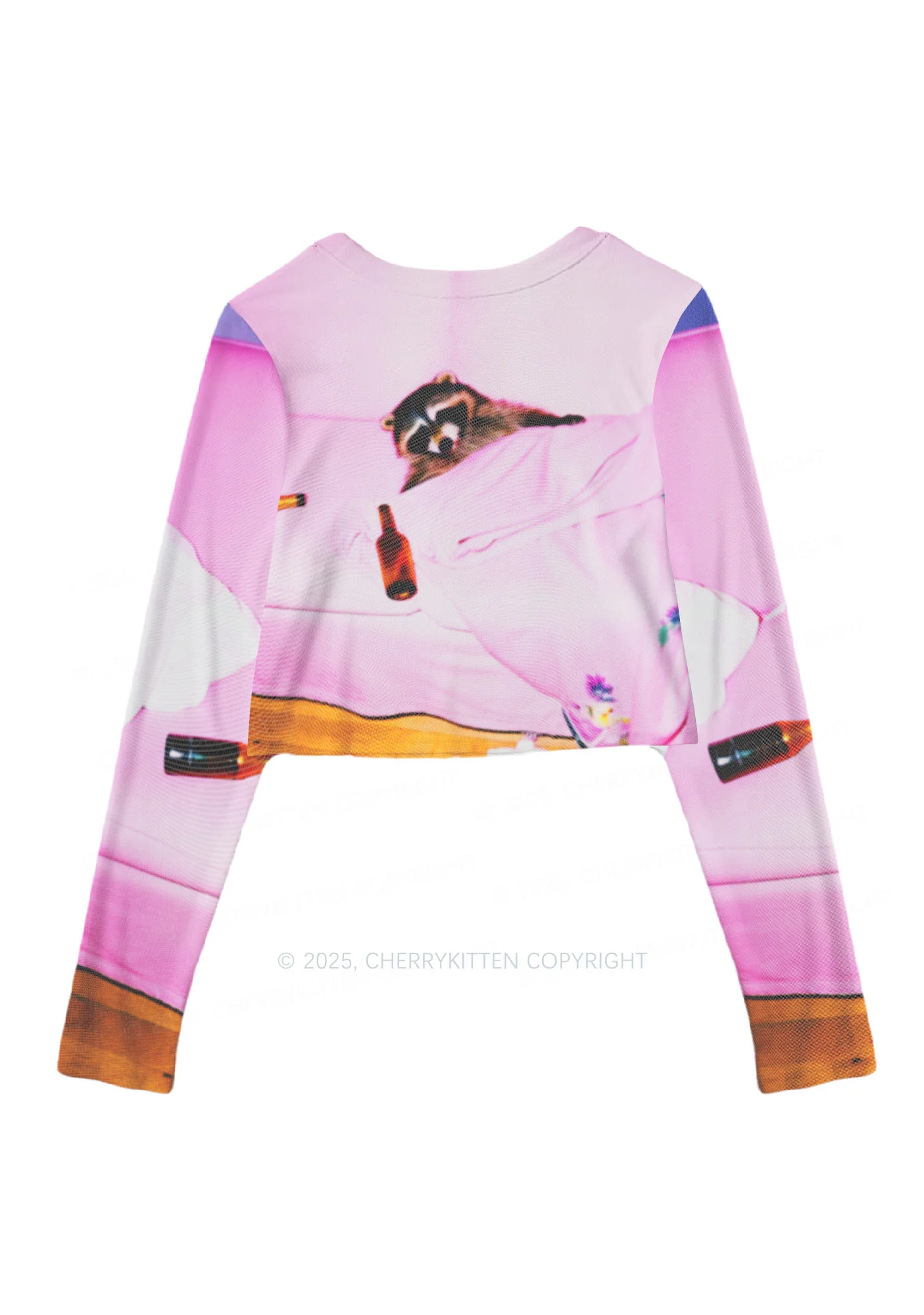Pink Couch Raccoon Y2K Mesh Long Sleeve Crop Top Cherrykitten - Image 3