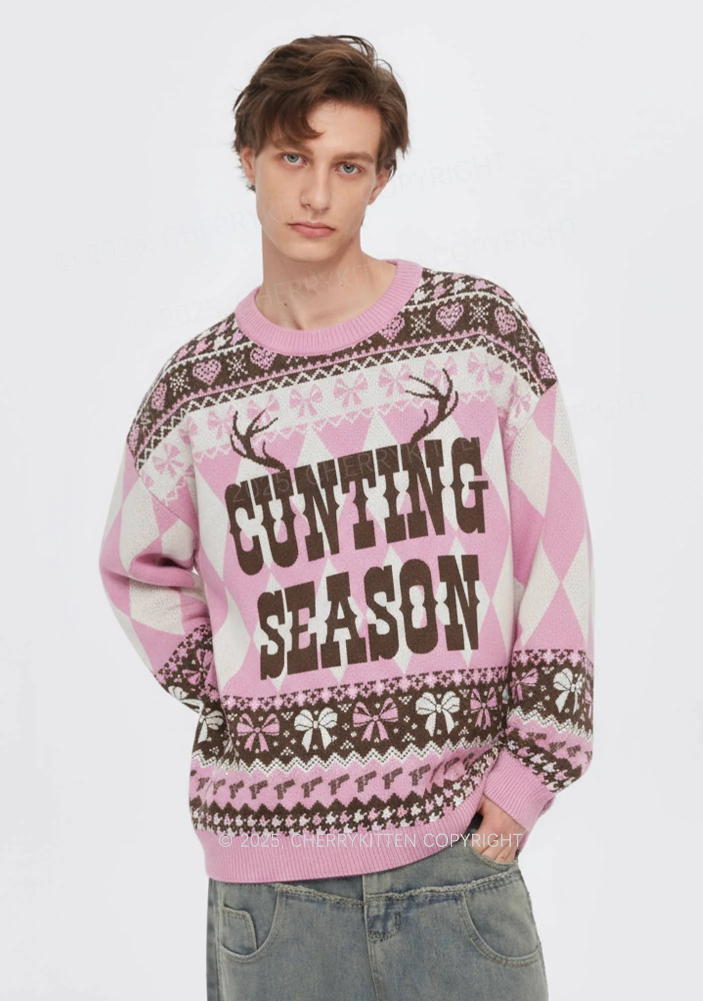 Pink Cunting Season Y2K Christmas Knit Sweatshirt Cherrykitten - Image 2
