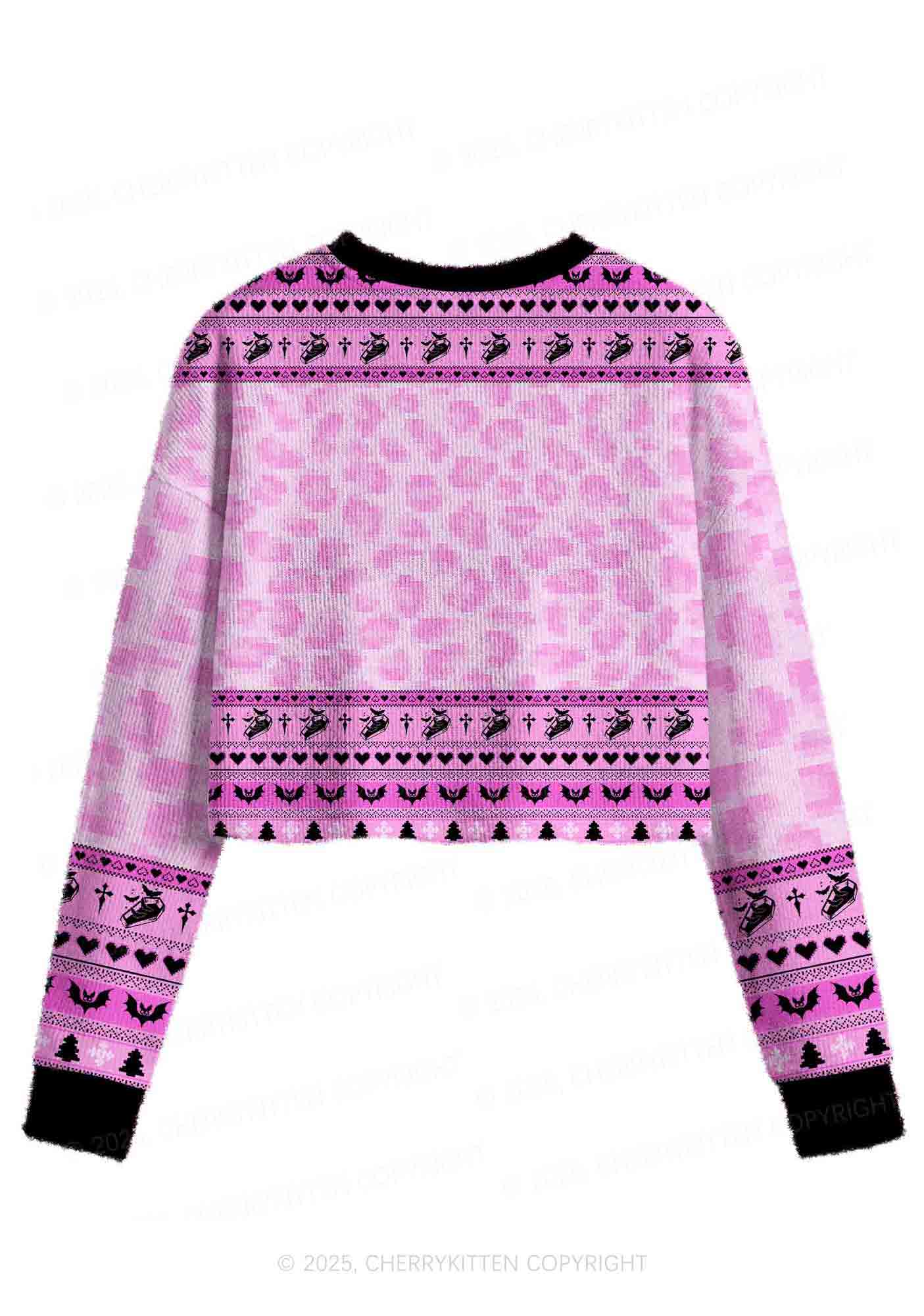 Pink Custom Face Y2K Christmas Crop Knit Sweatshirt Cherrykitten - Image 3