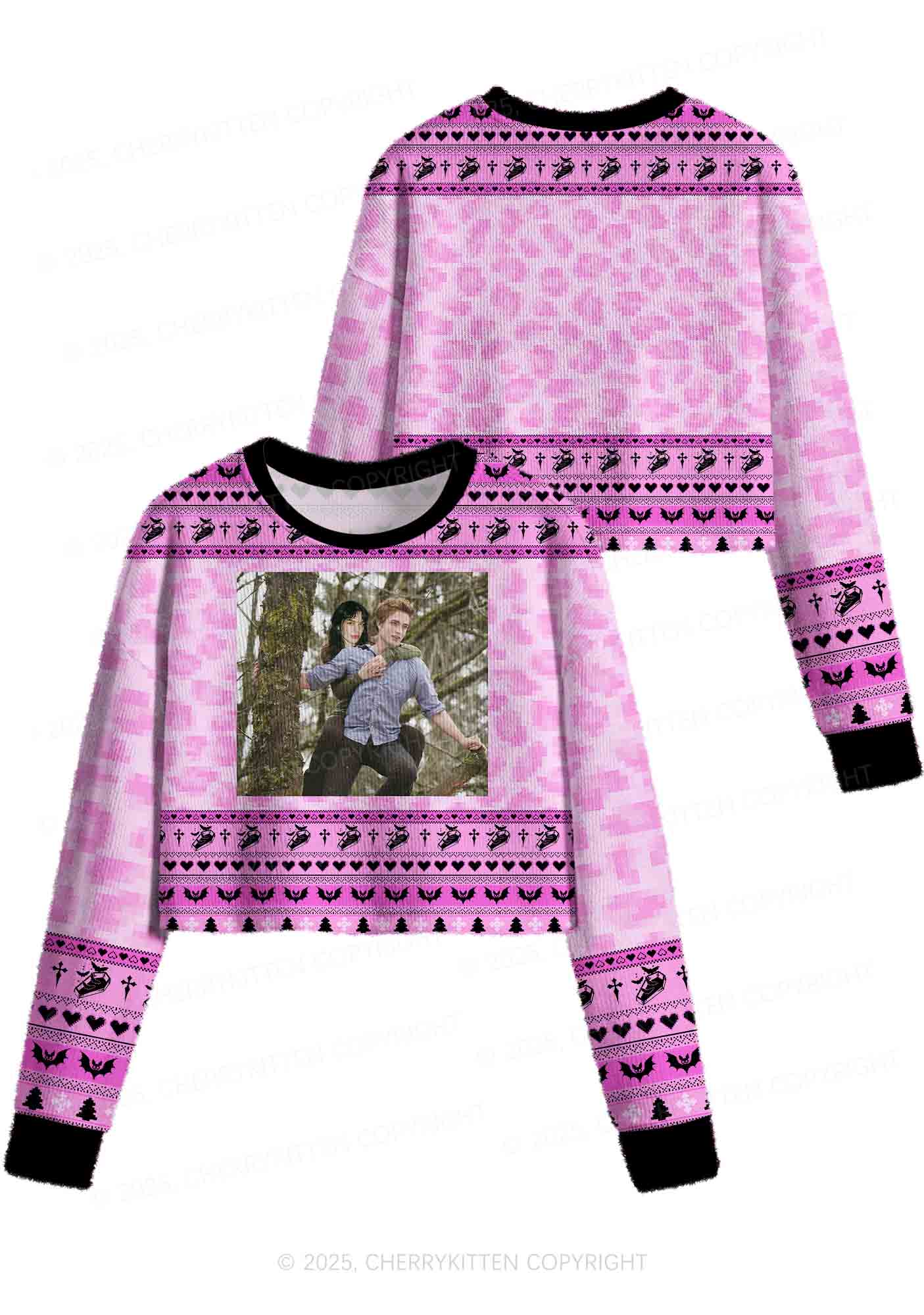 Pink Custom Face Y2K Christmas Crop Knit Sweatshirt Cherrykitten - Image 4