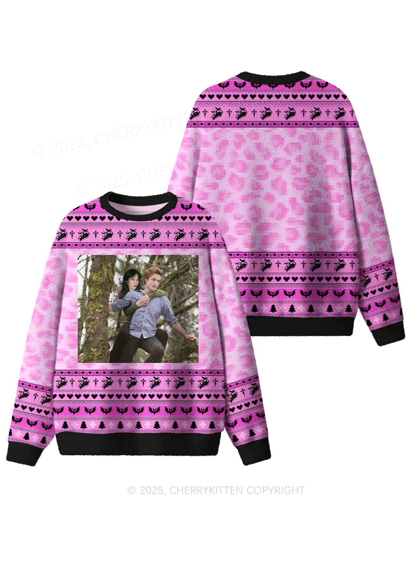 Pink Custom Face Y2K Christmas Knit Sweatshirt Cherrykitten - Image 4