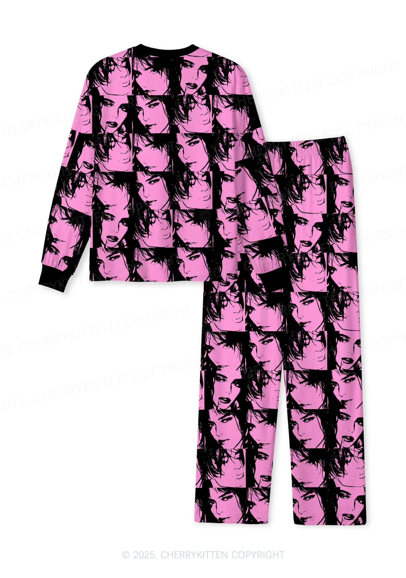 Pink Custom Portrait Valentine's Day Y2K Print Long Sleeve Pajama Set Cherrykitten - Image 3