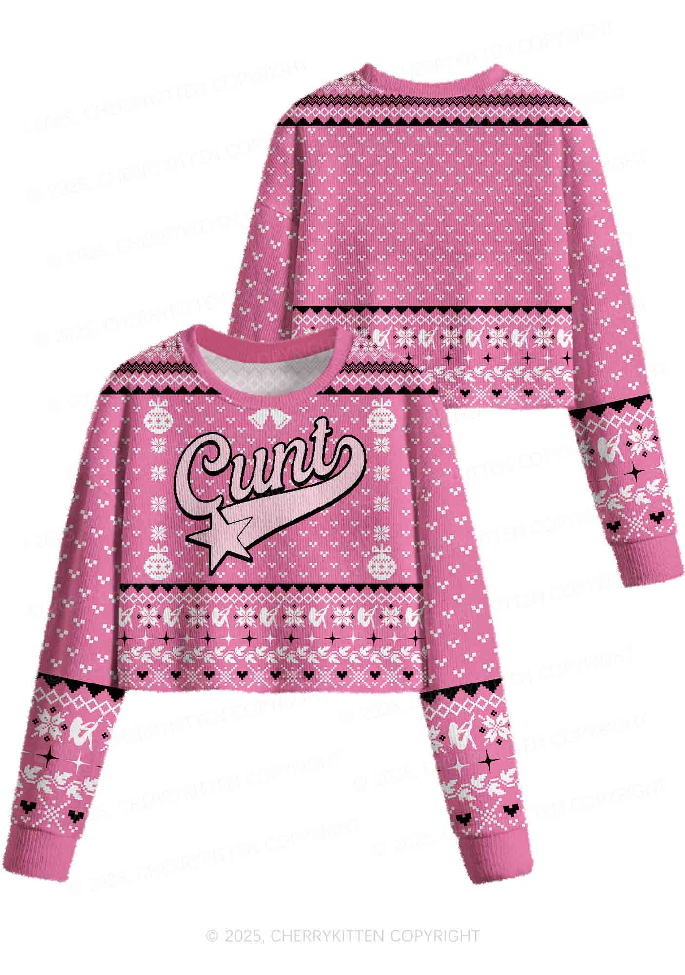 Pink Cxxt Star Y2K Christmas Crop Knit Sweatshirt Cherrykitten - Image 3