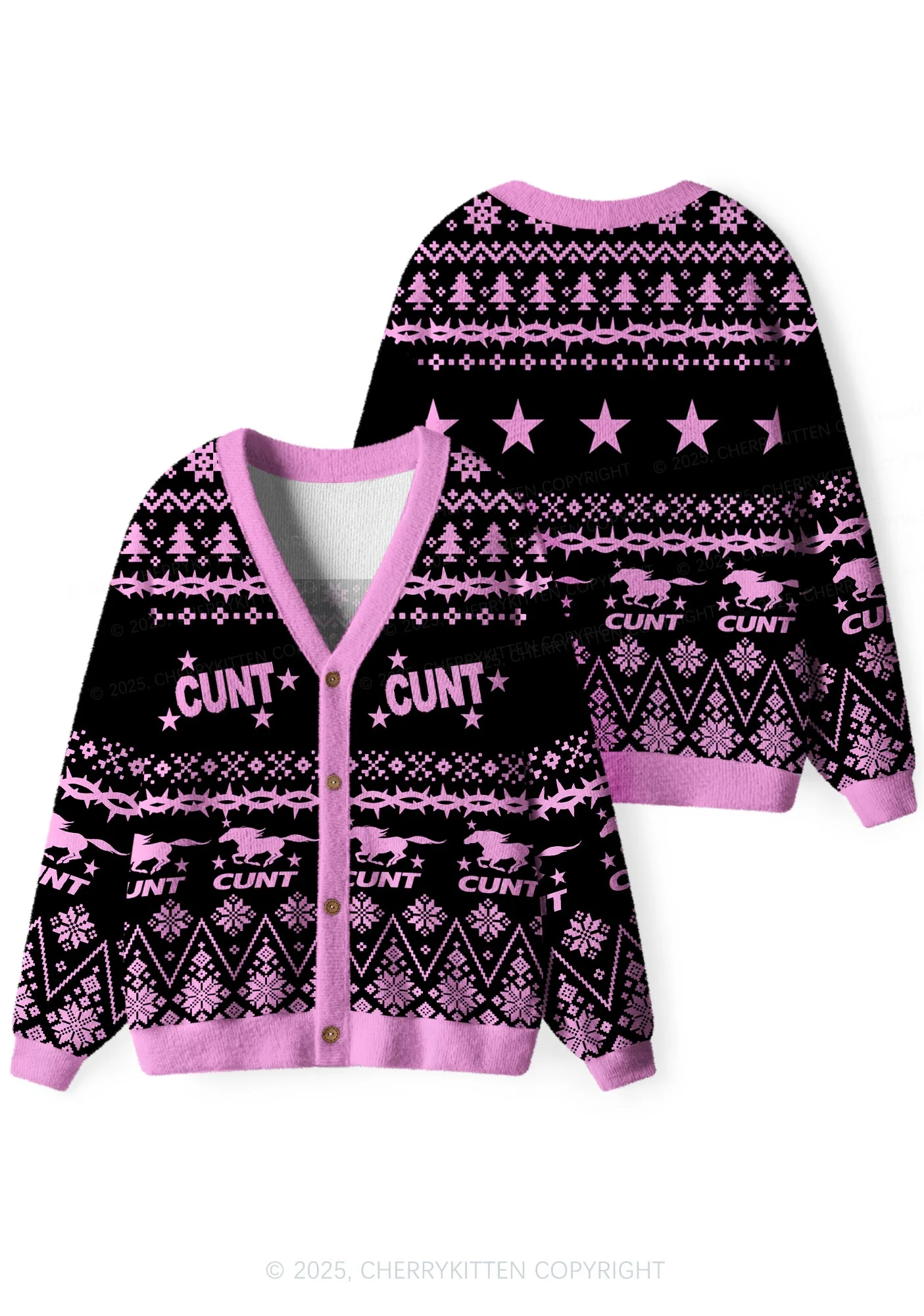 Pink Cxxt Stars Y2K Christmas Cardigan Knit Sweatshirt Cherrykitten - Image 3
