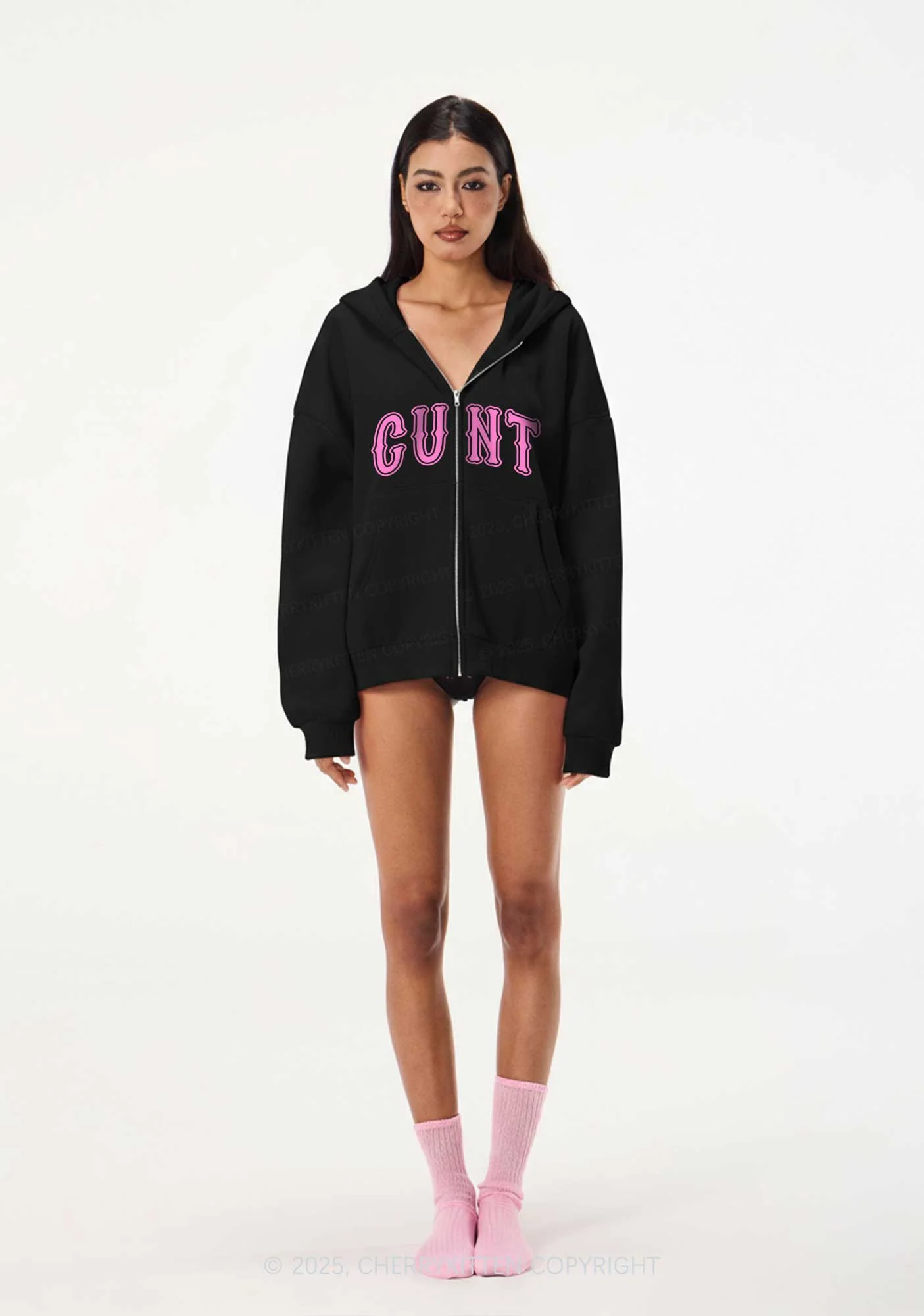 Pink Cxxt Y2K Bunny Ear Zip Hoodie Cherrykitten - Image 2