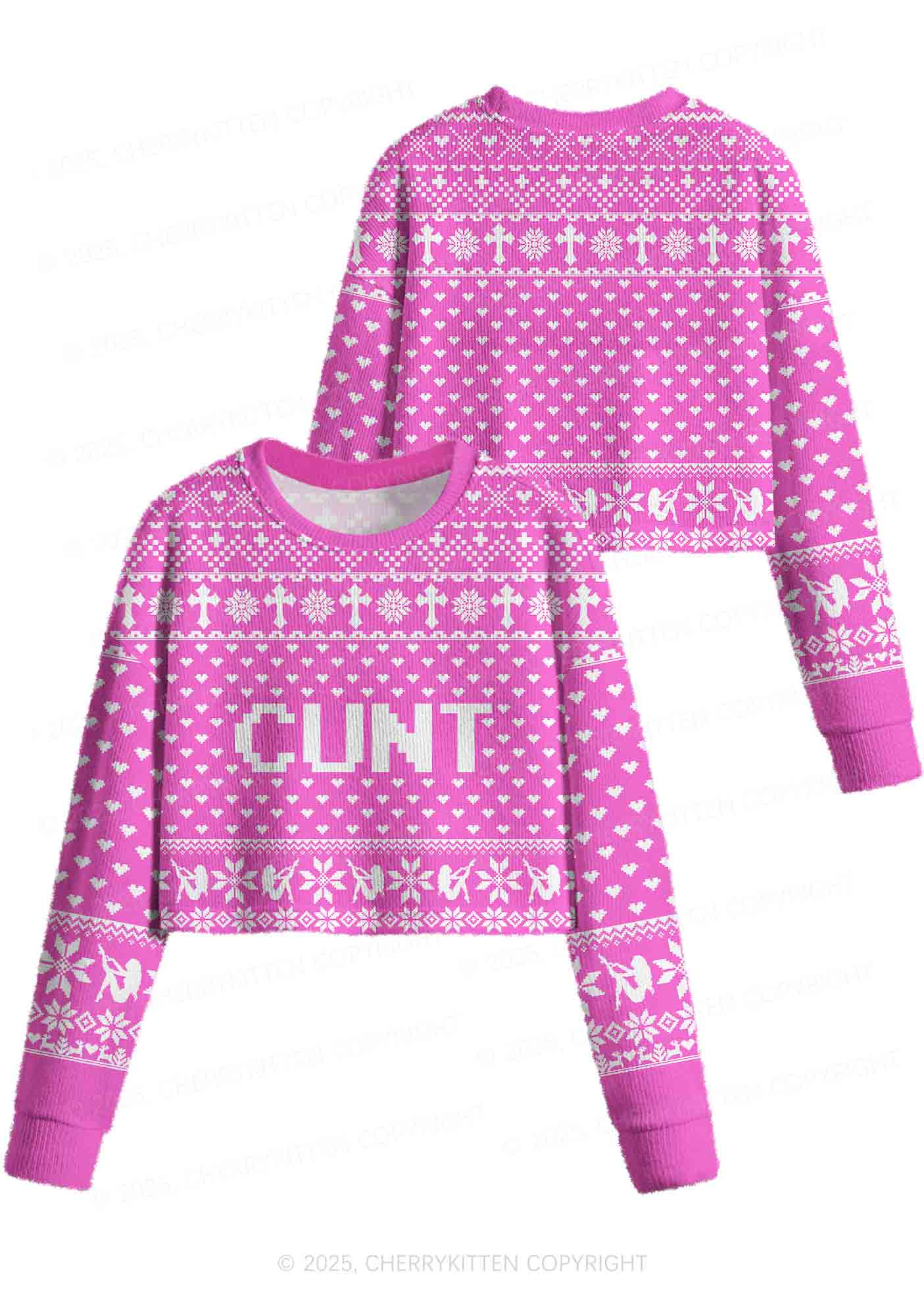 Pink Cxxt Y2K Christmas Crop Knit Sweatshirt Cherrykitten - Image 3