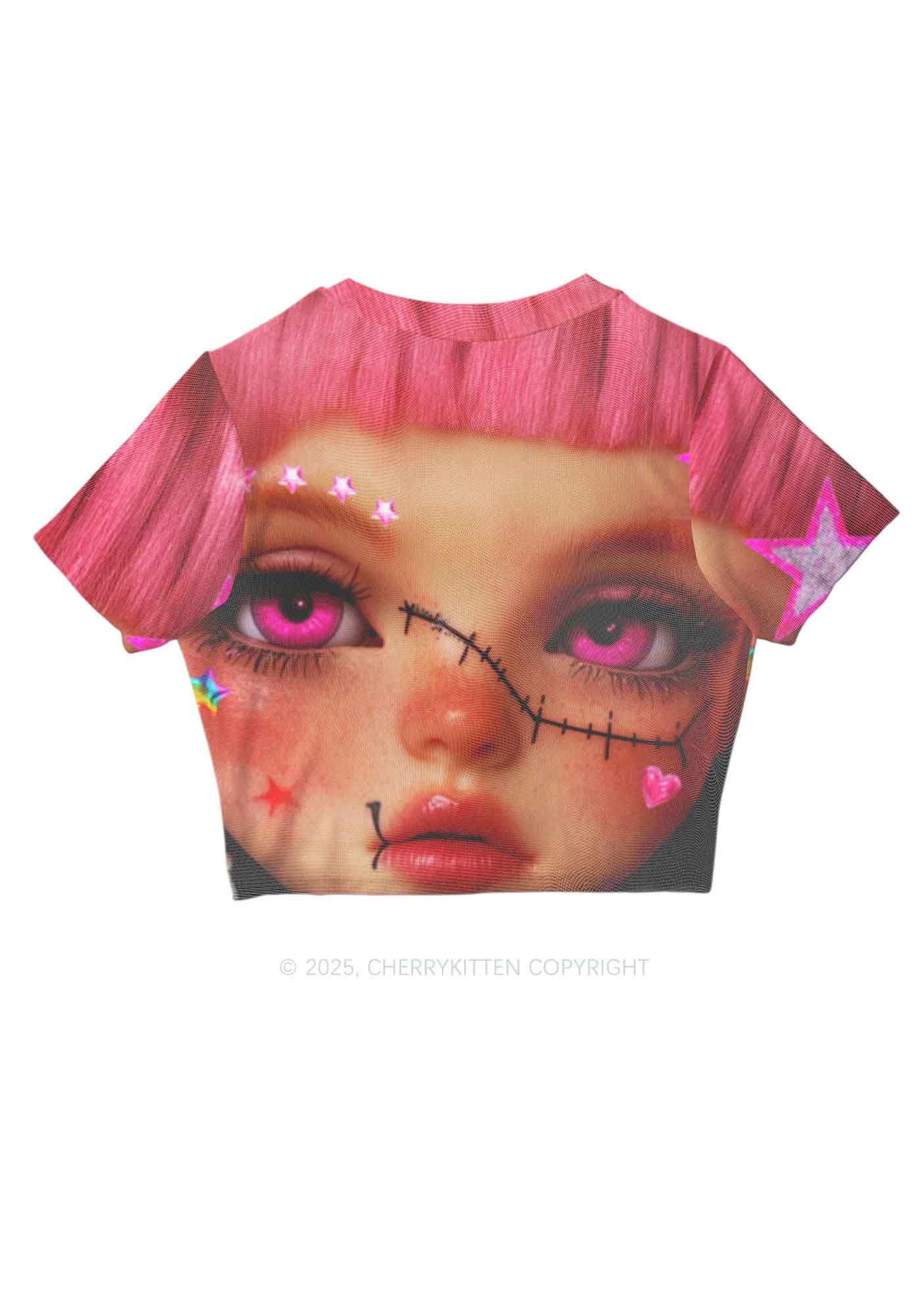 Pink Doll Y2K Mesh Crop Top Cherrykitten - Image 3
