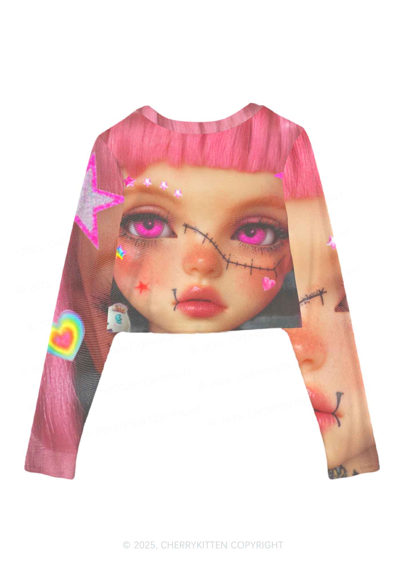 Pink Doll Y2K Mesh Long Sleeve Crop Top Cherrykitten - Image 3