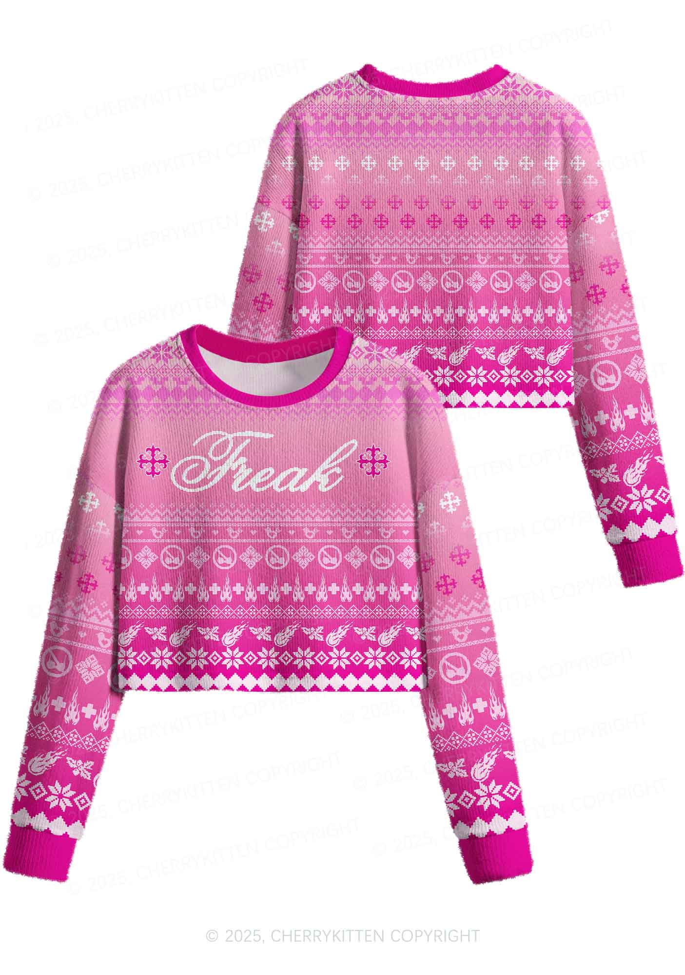Pink Freak Y2K Christmas Crop Knit Sweatshirt Cherrykitten - Image 3