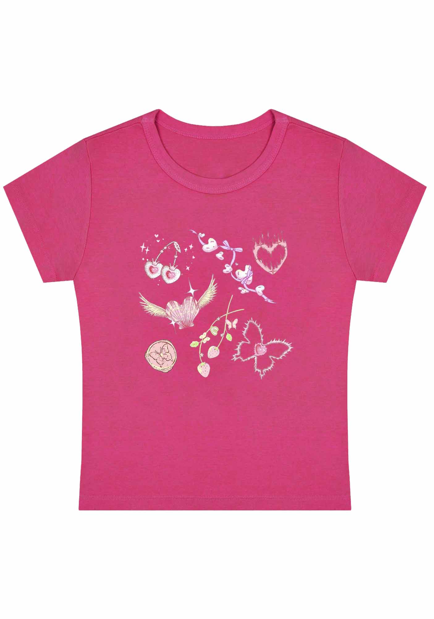 Pink Heart Butterfly Cherry Strawberry Y2K Baby Tee - Image 5