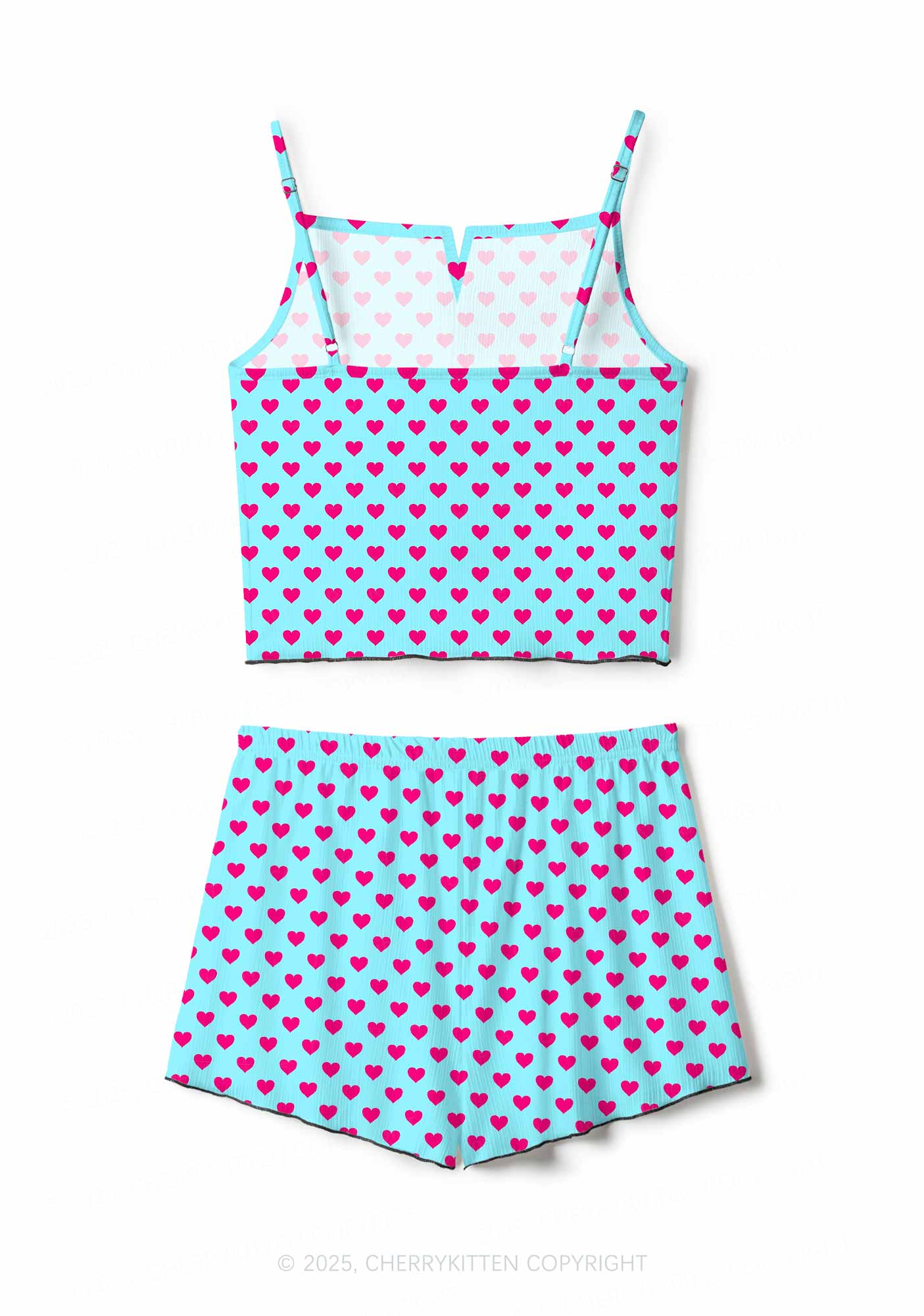 Pink Heart On Blue Valentine's Day Y2K Print Cami Shorts Pajama Set Cherrykitten - Image 2