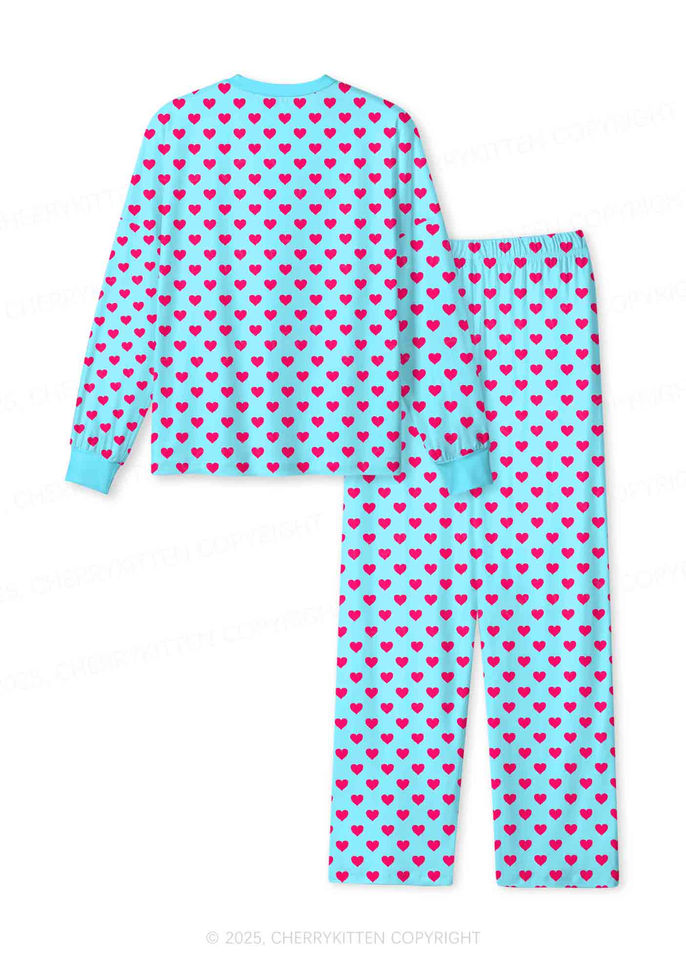 Pink Heart On Blue Valentine's Day Y2K Print Long Sleeve Pajama Set Cherrykitten - Image 2